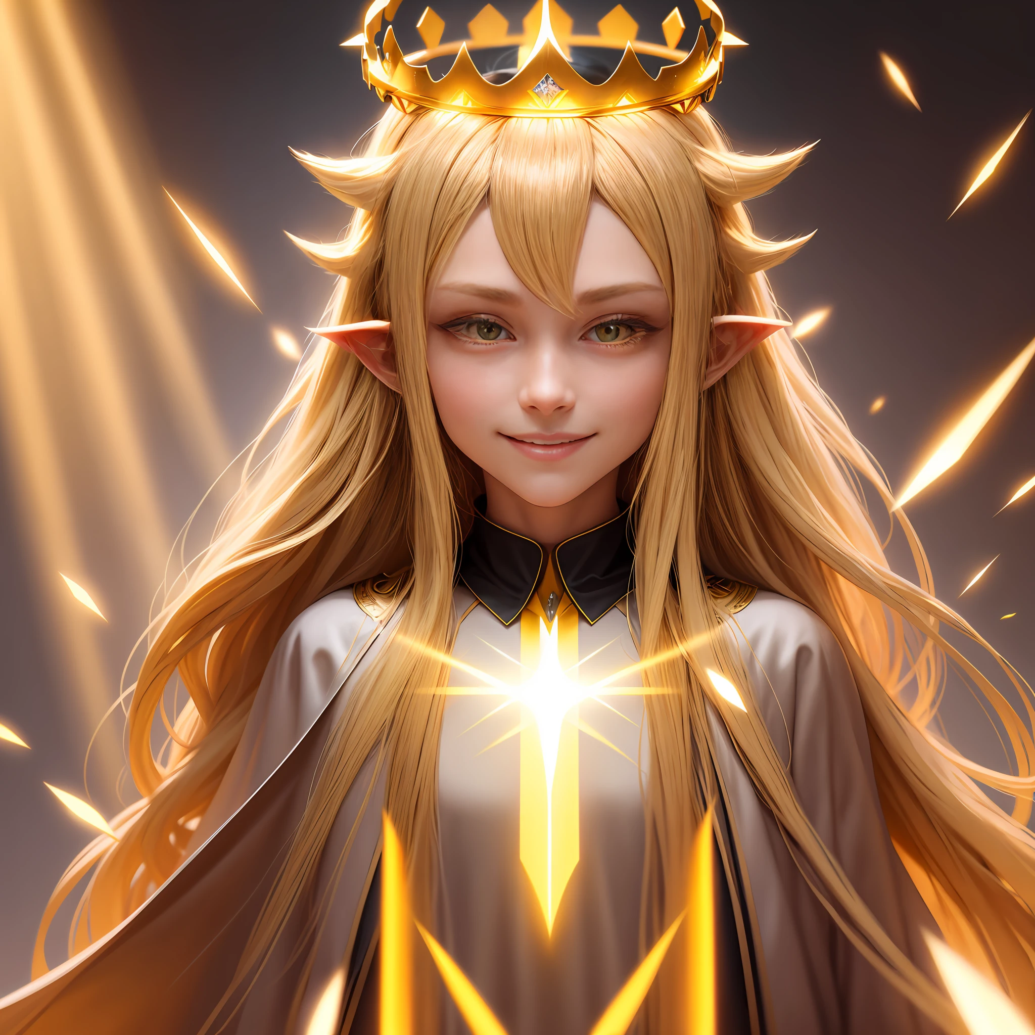 blonde hair, long hair, halo, crown, yellow eyes, devil pupils, devil eyes, long pointy ears, smile, sparkle, god rays, projected inset, high detail, best quality