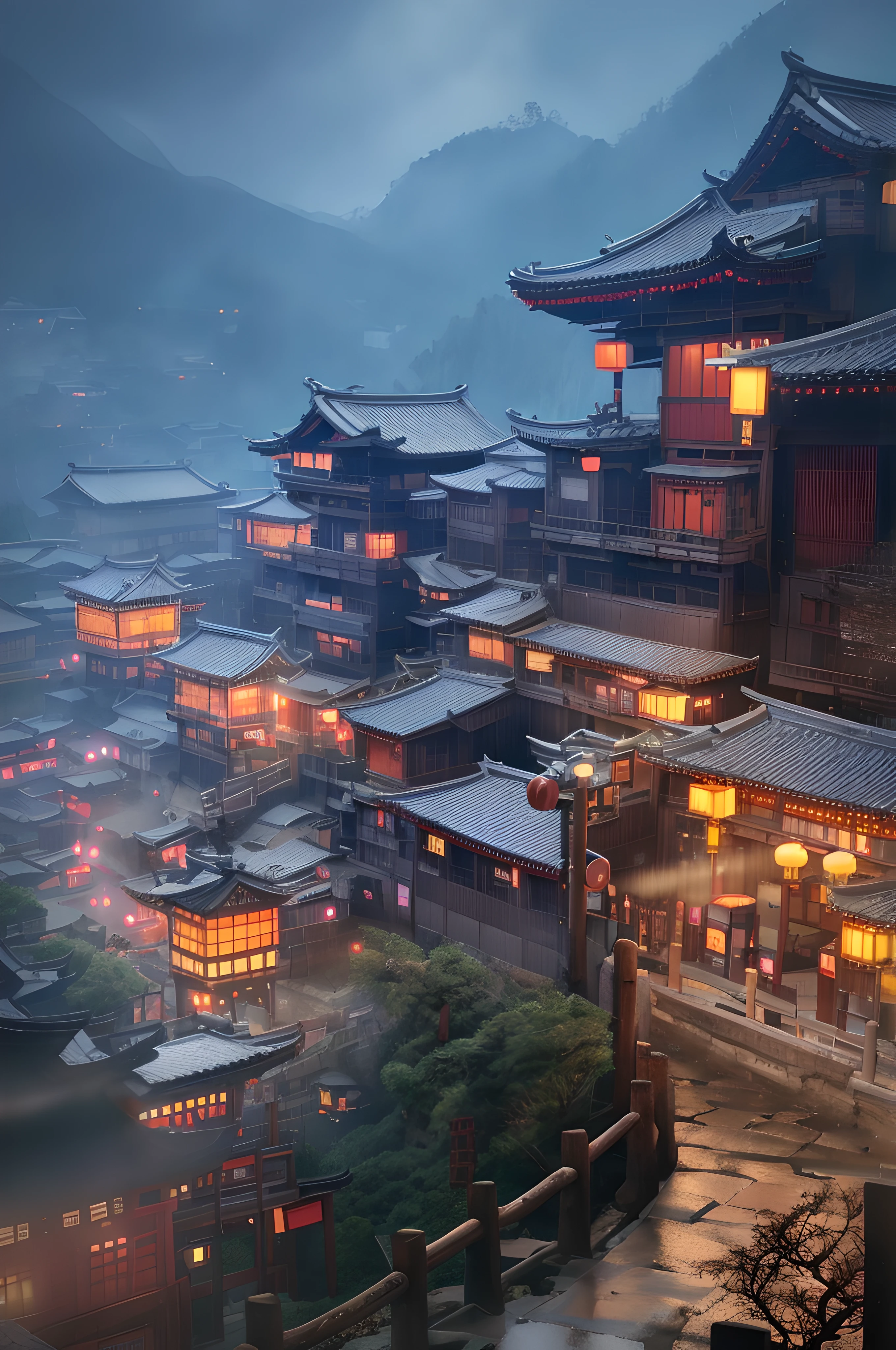 arafed view of a village with a lot of lights on the buildings, dreamy chinese town, chinese village, amazing wallpaper, japanese town, japanese village, hyper realistic photo of a town, old asian village, japanese city, by Raymond Han, rainy evening, cyberpunk chinese ancient castle, beautifully lit buildings, at evening during rain, beautiful and aesthetic, photography, cinematic, 8k, high detailed ((Heavy rain)))