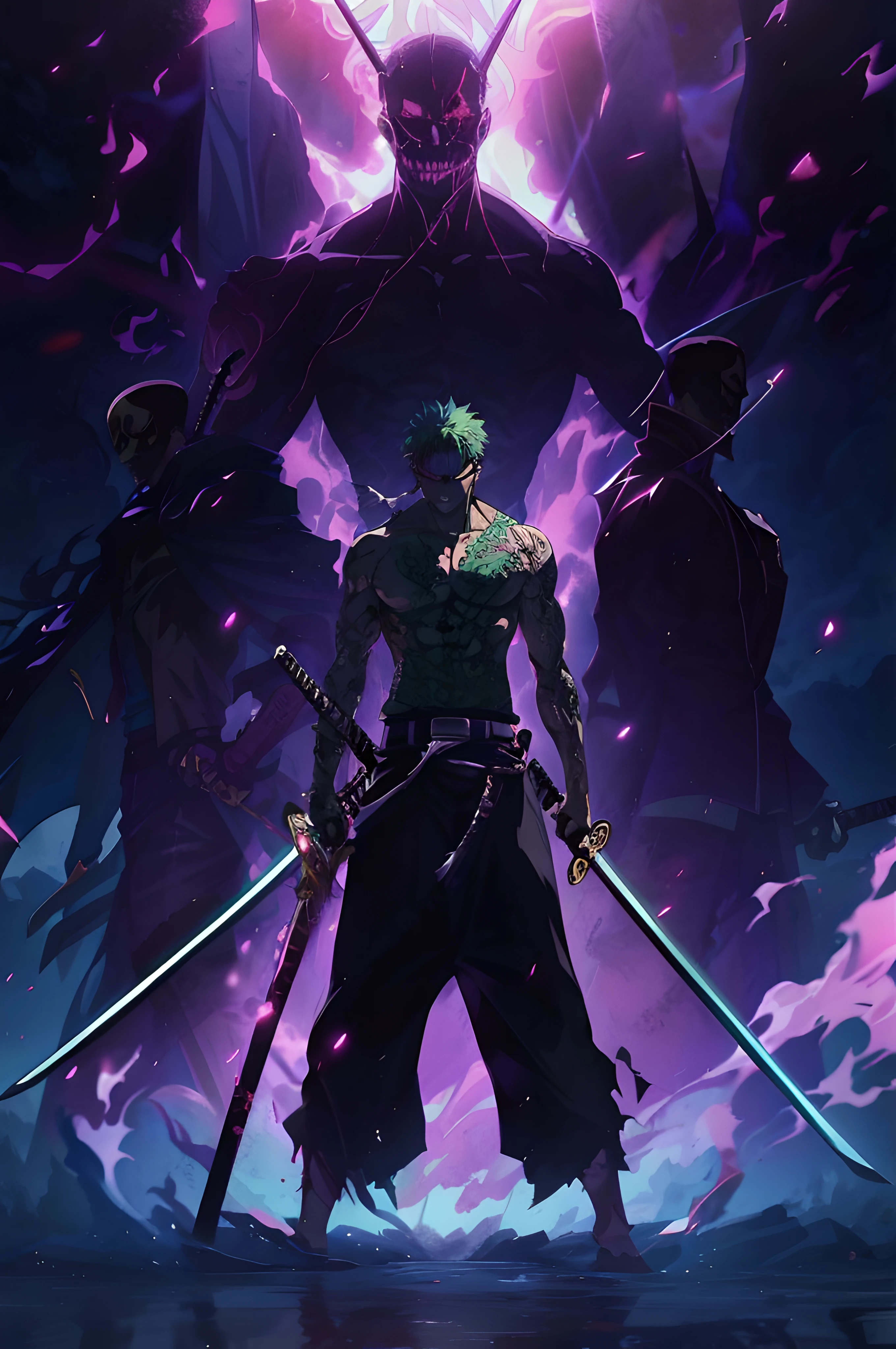 Anime characters standing in front of giant demons holding swords, Badass anime 8 K, Anime epic artwork, Roronoa Zoro, 4K anime wallpaper, epic 8 k hd anime shot, Anime wallpaper 4K, Anime wallpaper 4 k, anime wallaper, style of anime4 K, 4k manga wallpapers, hd anime wallaper, Anime art wallpaper 4k，Three-knife flow