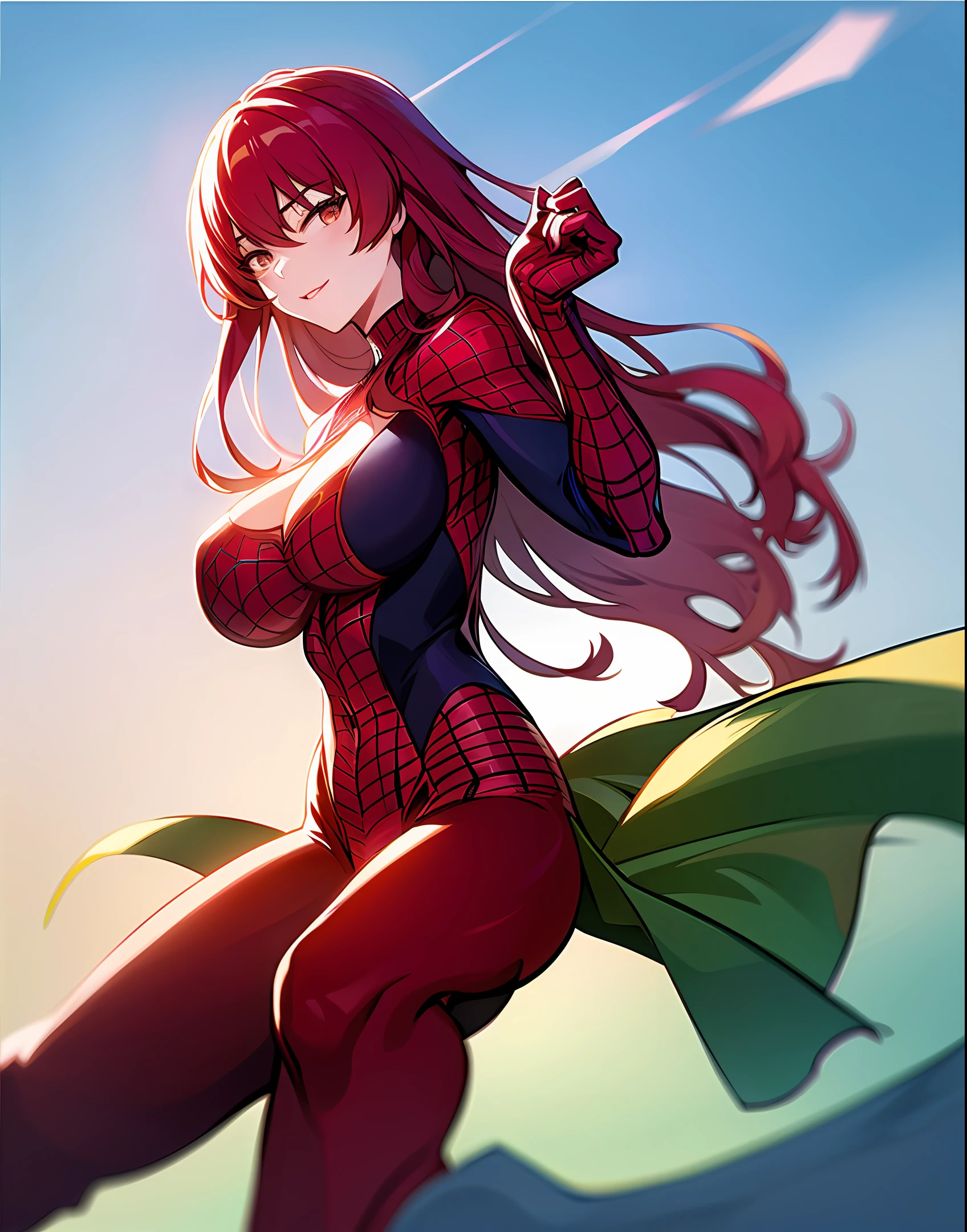 Anime girl wearing Spiderman dress big boobs long hair tight fitting