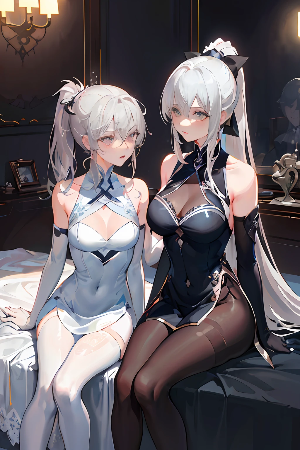 Short white hair, royal sister, different pupils, positive face, blushing, breathing, clothes wet with water, obviously pure white turbid liquid on the face and mouth, animal ears look cool, white liquid all over the face, bangs, black half-leg stockings