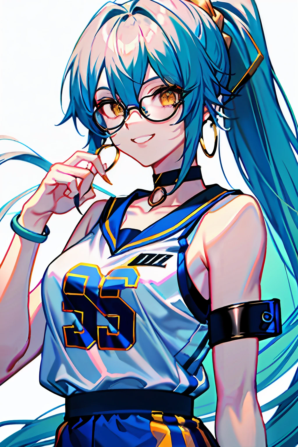 (Masterpiece:1.2, Best quality), 1lady, Solo, Upper body, lightblue hair, Long hair with a high ponytail,Yellow eyes,Gold-tone round-rimmed glasses,Clothing: Oversized, Wear it with basketball jersey sneakers, Accessories: shairband,silver hoop earrings and a black choker necklace, Brilliant vision,playground,grinning smile
