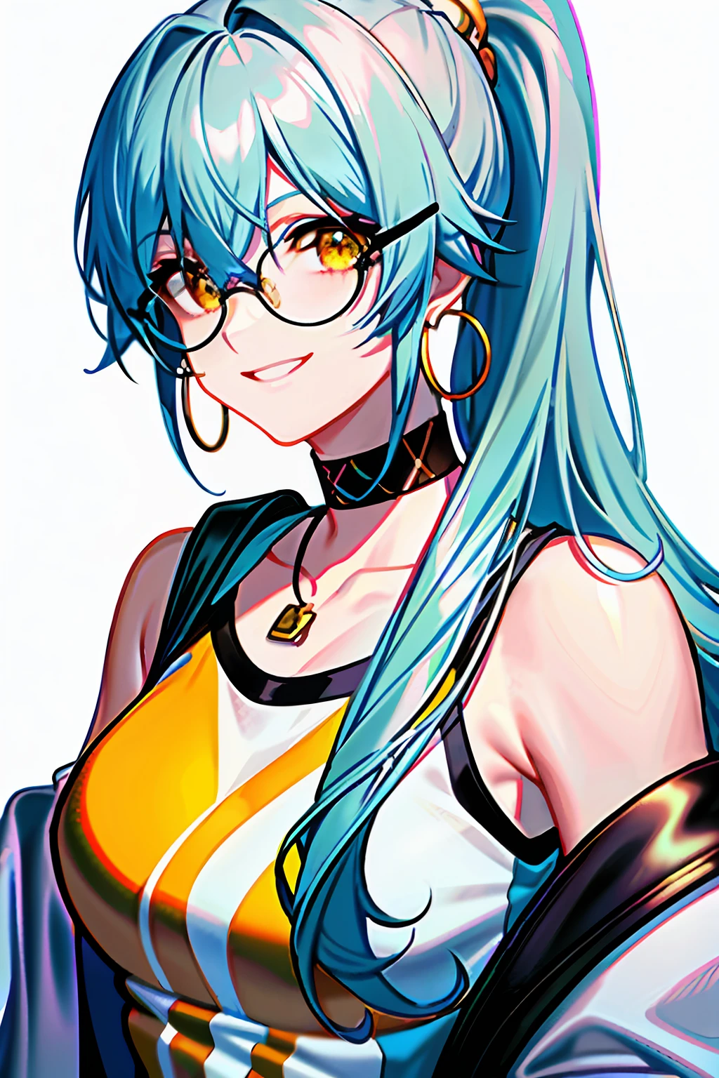 (Masterpiece:1.2, Best quality), 1lady, Solo, Upper body, lightblue hair, Long hair with a high ponytail,Yellow eyes,Gold-tone round-rimmed glasses,Clothing: Oversized, Wear it with basketball jersey sneakers, Accessories: shairband,silver hoop earrings and a black choker necklace, Brilliant vision,playground,grinning smile