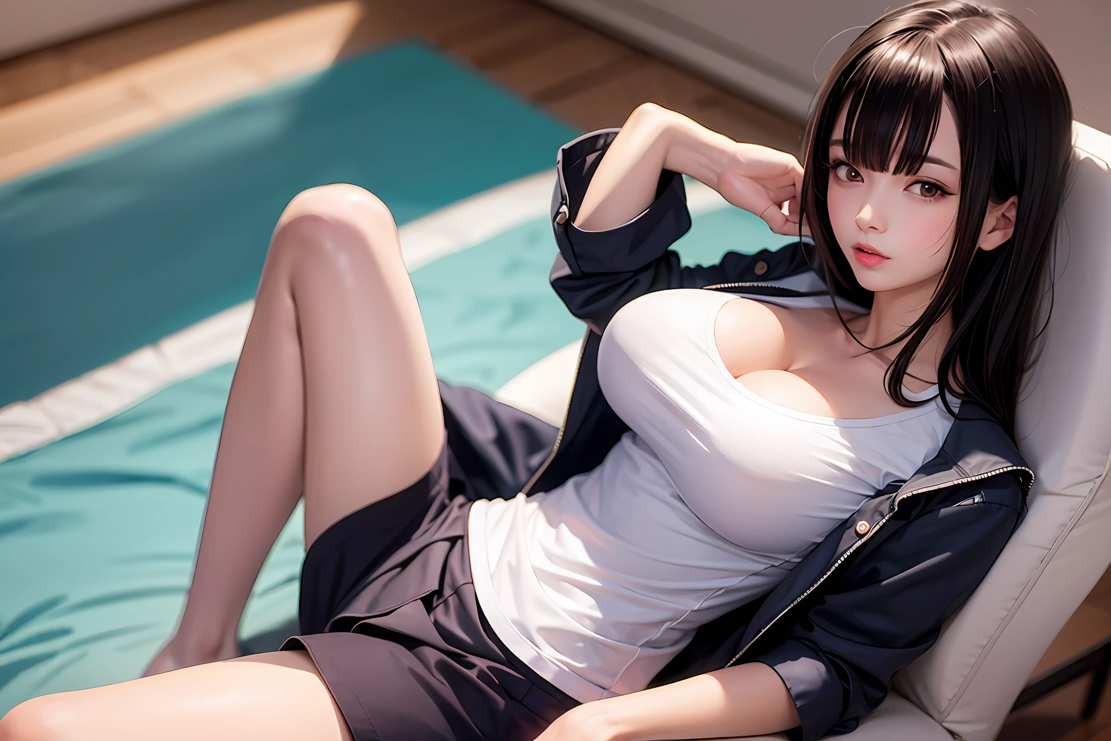 A high resolution，spread their legs，Slr，1girl，（真实感：1.1），closeup cleavage，HDR，iintricate，8k，sharp，Bigchest，Pure，slim，Polo shirt，penetrate，short  skirt，anime big breast