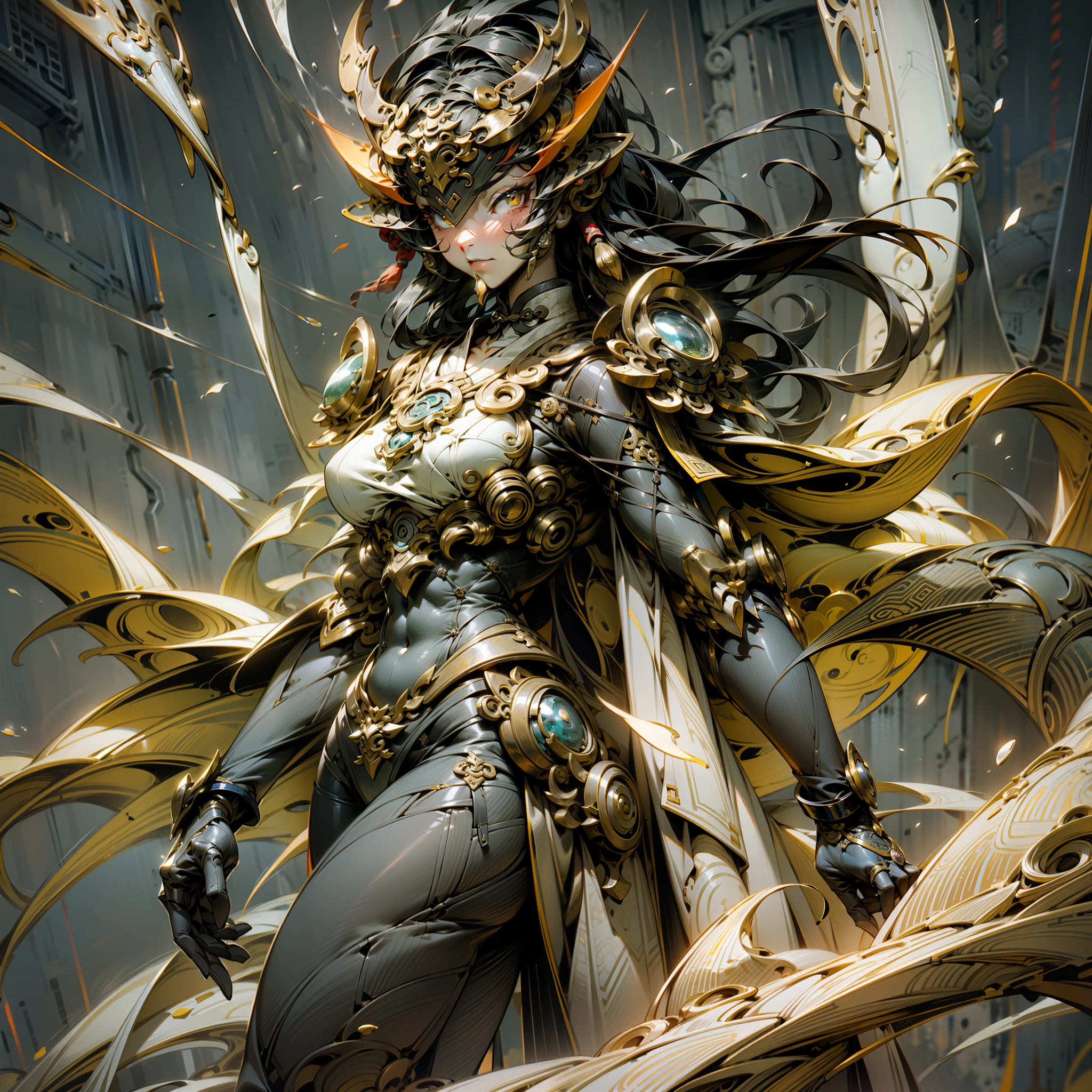 Silvertone，Purple and gold are the main colors，Tall mech，Amber gradient，woman，Kizi，teens girl，Use the plasma sword，There is a dragon particle effect，taichi，Chinese Yin and Yang Bagua Five Elements，China-style，Machine armour wind，mechanical sense，sense of strength，Sense of space，combats，cyber punk perssonage，Human body modification，The prominent structure is reasonable，Battle instant，high-quality face，4K，High quality，Masterpieces，of a real，drak，chinesedragon，afterimage，rich colours，China-style，Don Dao，Exocet suit，Brocade Yiwei，obsidian，General flame，A small amount of water flow，Light，Highest quality，Chinese mythology，the Tang Dynasty，Li bai，There is very little hair，The background is ancient Chinese science fiction architecture，The body is well structured，Conforms to the ，A small number of details are put together，Impossible clothes，huge tit，Ray traching,NVIDIA RTX,Hyper-Resolution,Unreal 5,Subsurface scattering、PBR Texture、post-proces、Anisotropy Filtering、depth of fields、maximum definition and sharpness、Many-Layer Textures、Albedo e mapas Speculares、Surface coloring、Accurate simulation of light-material interactions、perfectly proportions、rendering by octane、Two-colored light、largeaperture、Low ISO、White balance、the rule of thirds、8K raw data、