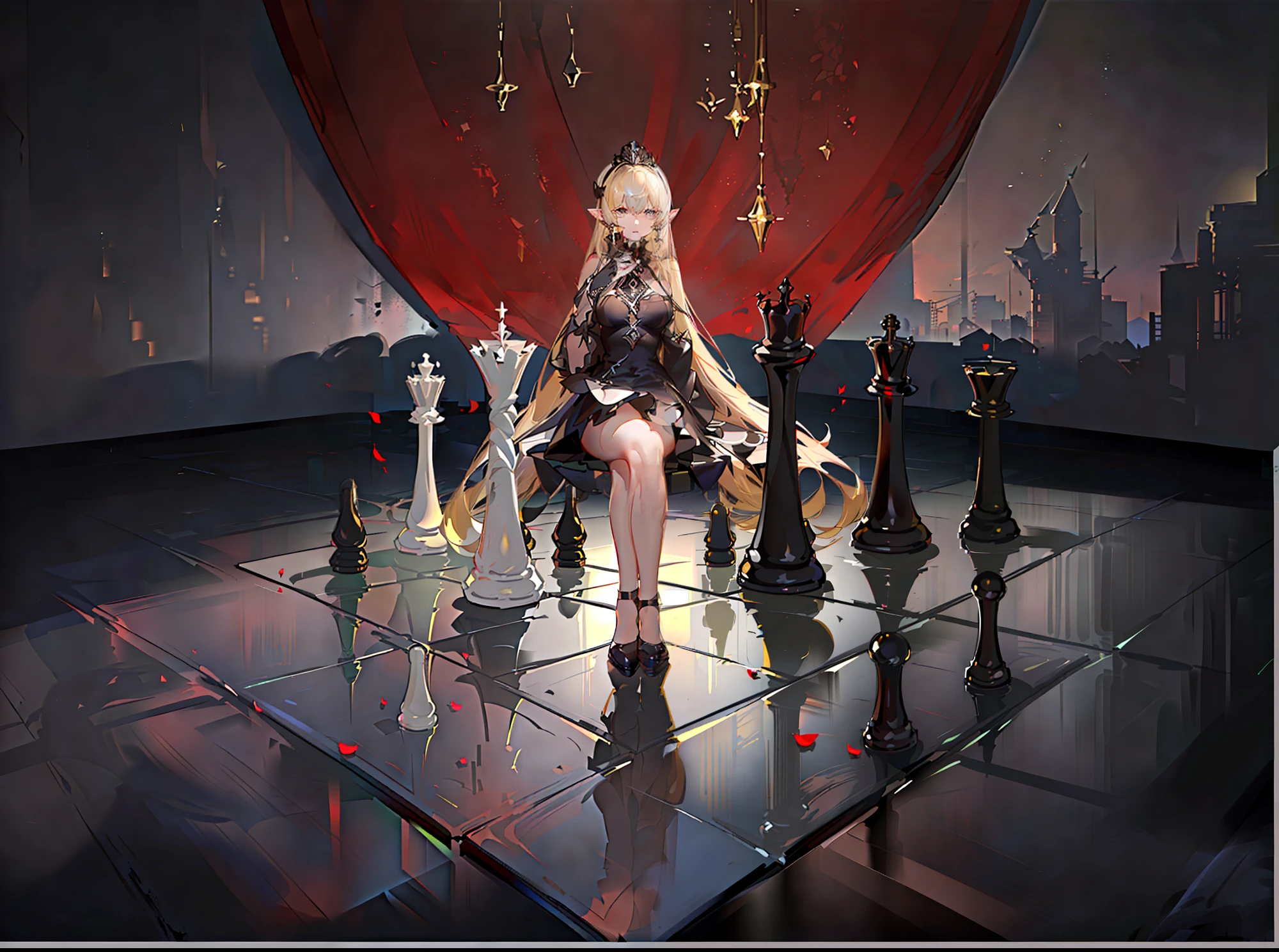 reflective light, Depth of field, Cinematic lighting, Best quality, 8K, ultra-wide-angle，Anatomically correct，（（one-girl）Sit on a huge black chess piece（Black and white chessboard、chess、Huge pawns，Sit on a chess piece、One hand holds his chin，Look at the sky，（（A corner of a huge chessboard）），Side diagram、Turn Back，long slim figure，The camera consists of a bottom-up frame on the floor）。（Black dress long dress（Medieval evening dress、leniency、fluffly、pleatedskirt、Lace lace、Thorn lines、Rose pattern、Silver or dark gold lace，bound waist，White princess crown、White Crown），ornate decoration）。Black and white marble checkerboard floor，black in color、obsidian，blurryforeground，The vista is blurred，Glass and marble shards。（（Reduced saturation，cold shades，Black and white tone，Dark black background、the night），There is a hierarchical background，Cold reflection，Contre-Jour，The edges of the object are blue and reflective，Fragmentation）。fully body photo，Striped hair, The hair hangs down on one side, （crossed bangs, Blonde curls,Close one eye）, x-shaped pupils, eyes reflection, Diamond-shaped pupils, Gold gemstone earrings, parted lip, Thinking, expressionless eyes, Scowl，Surprised,Pointy ears, teeth, wounds，blood stain。