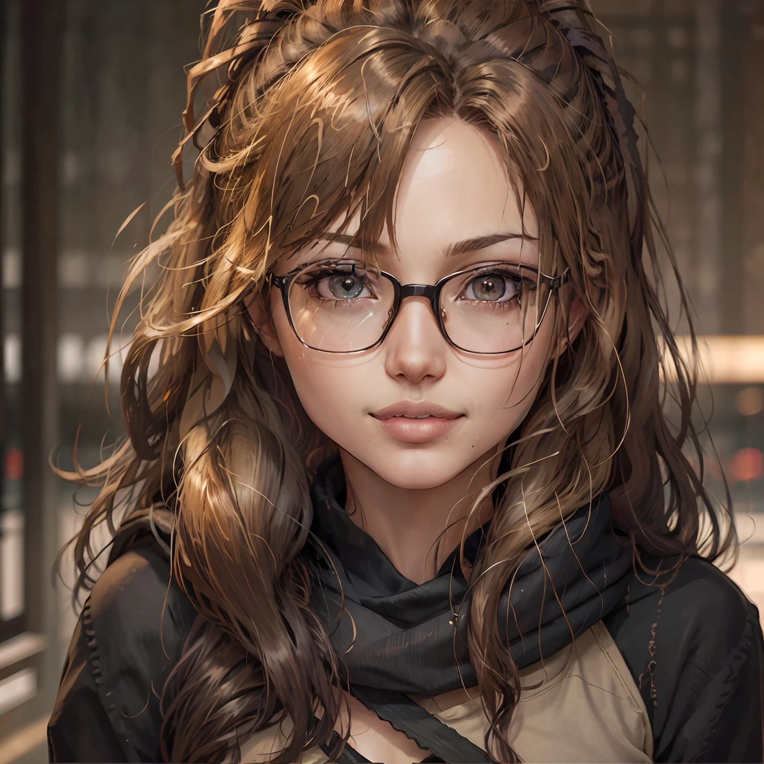 streaked hair, hime cut, bespectacled, hollow eyes, smile, Social realism, anime, cinematic lighting, 85mm, UHD, anatomically correct, high details, high quality, 1080P --auto