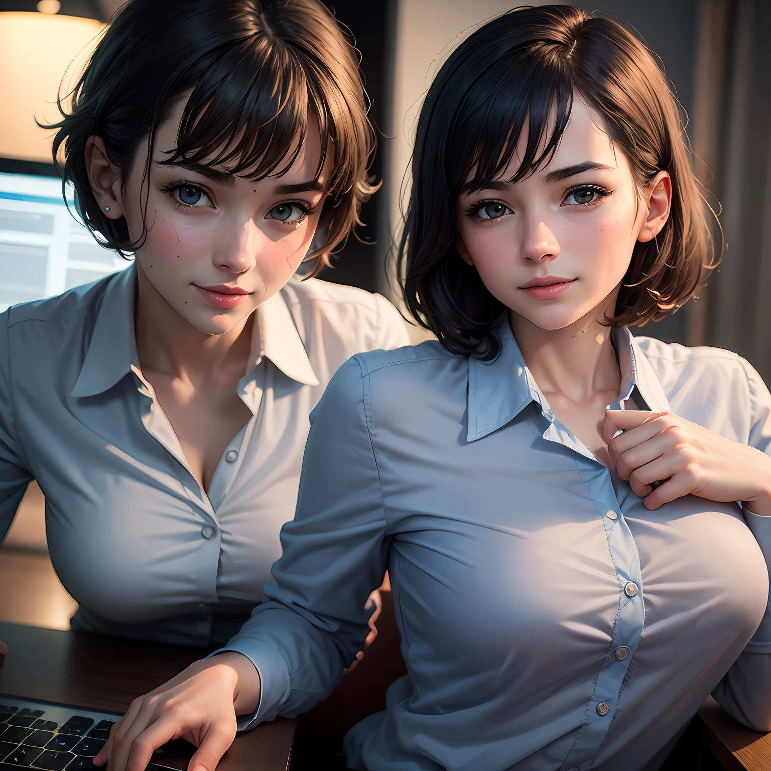 (8k, best quality, masterpiece:1.2), (realistic, photo-realistic:1.37), ultra-detailed, 1 girl,cute, solo,beautiful detailed sky,detailed office,night,sitting,(nose blush),(smile:1.15),(closed mouth) , medium breasts,beautiful detailed eyes,(collared shirt:1.1), night, wet,business attire, rain, (short hair:1.2), pureerosface_v1, computer, detail finger, beautiful detailed face, --auto