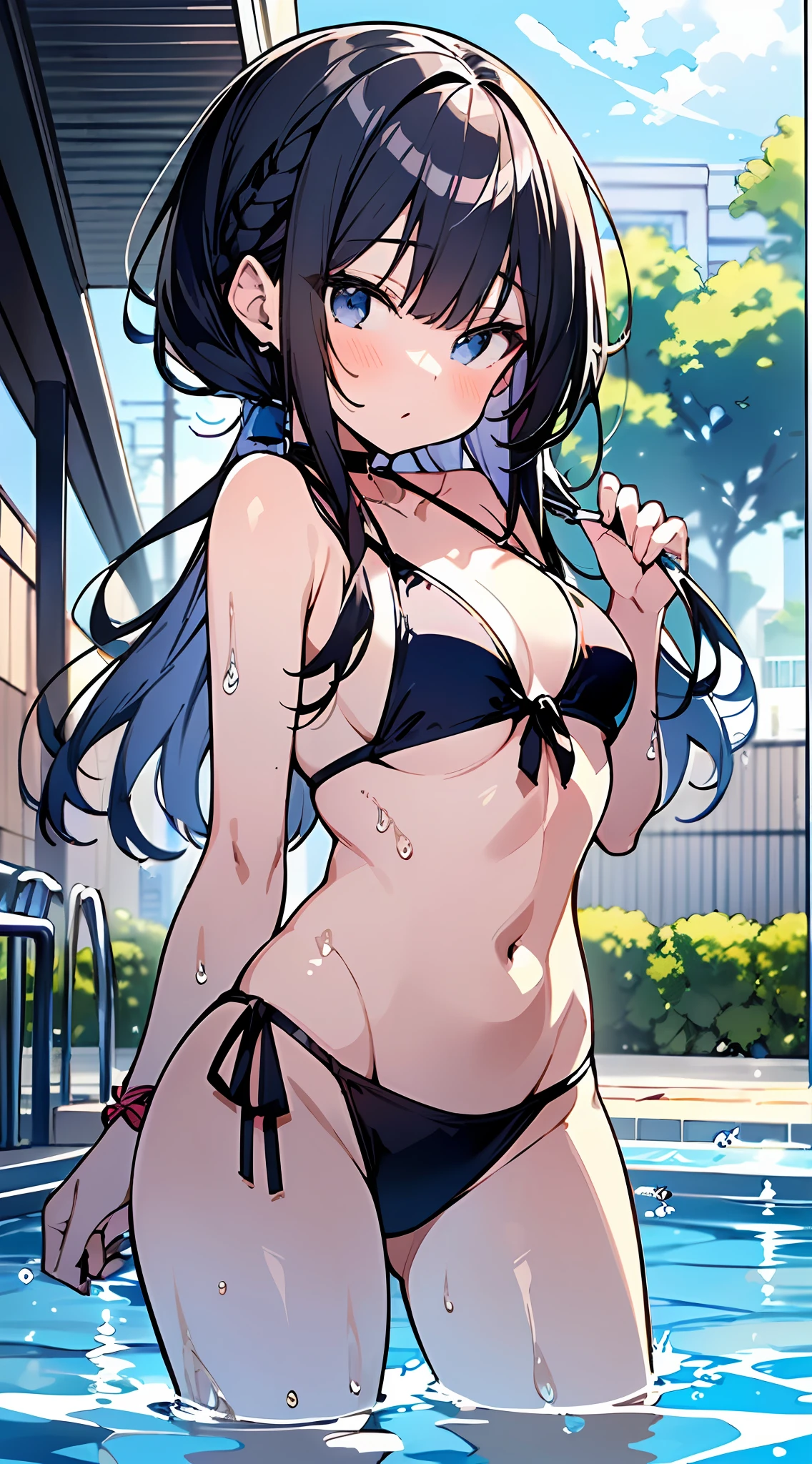 (Incredibly ridiculous absolute resolution:1.5)、Anime girl in glamorous ultramarine blue color bikini, anime moe art style, Seductive Anime Girl,Anime Loli, 8k Manga Wallpapers,((small curvy loli)),  pretty anime girl,((swimming pools))、large boob、(The length of hair to the shoulders)、(short braided hair)、Beautiful anime girl, (Anime Girl), clean detailed anime art