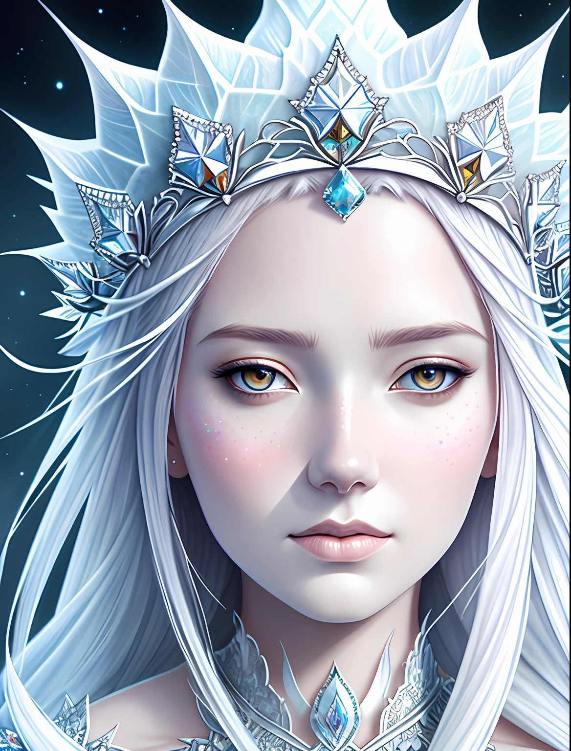 (fractal cystal skin:1.1) with( ice crown:1.4) woman, white crystal skin, (fantasy:1.3), (Anna Dittmann:1.3), highly detailed, digital painting, a photorealistic