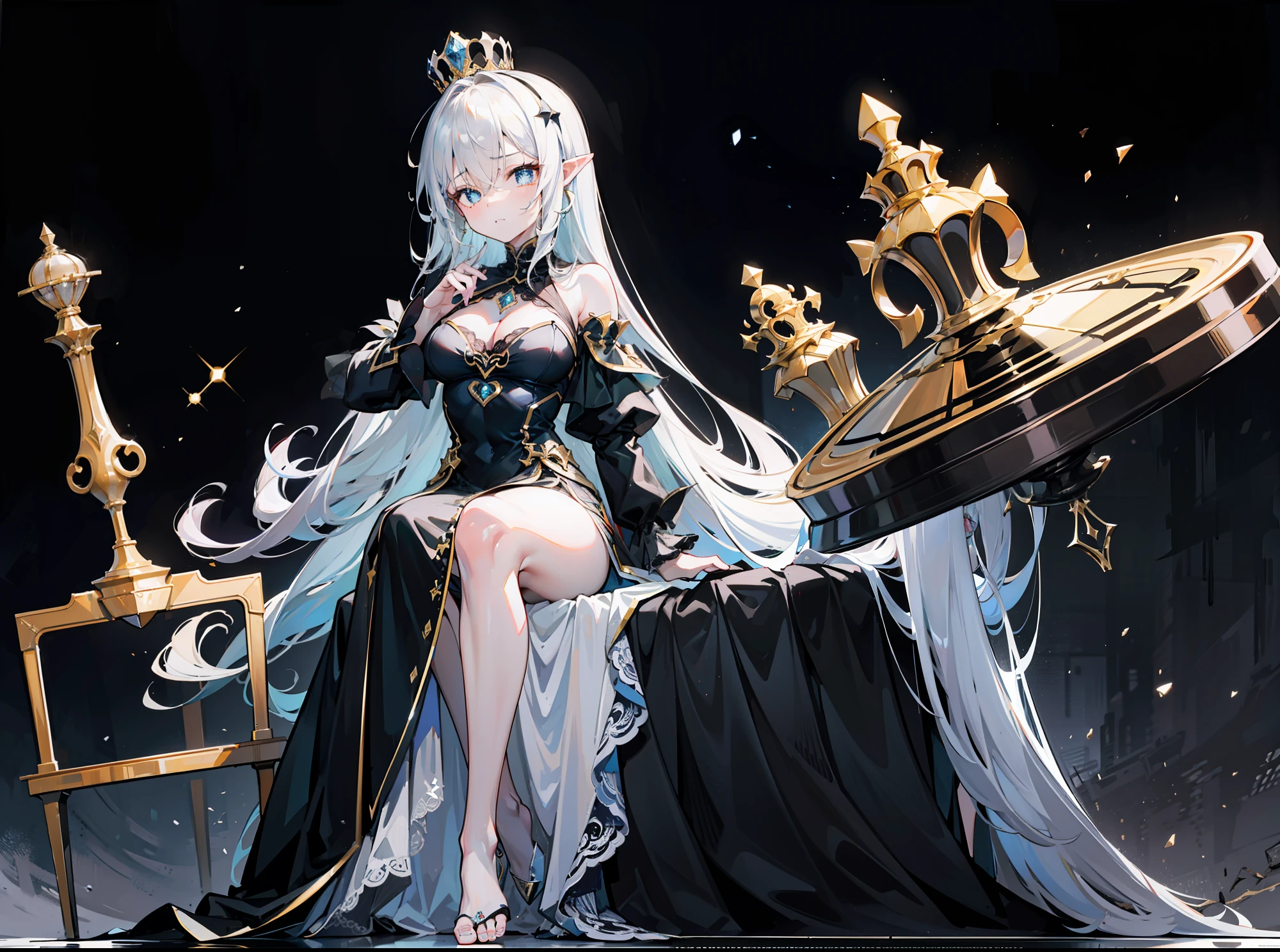 reflective light, Depth of field, Cinematic lighting, Best quality, 8K, ultra-wide-angle，Anatomically correct，（A young girl sits on a giant chess piece（Black and white chessboard、chess、Huge pawns，Sit on the Queen's chess pieces、One hand holds his chin，Look at the sky，（（On the chessboard）），Side diagram、Turn Back，long slim figure，looking at the camera in，The camera consists of a bottom-up frame on the floor），（Black dress long dress（Medieval evening dress、leniency、fluffly、pleatedskirt、Lace lace、Thorn lines、Rose pattern、Silver or dark gold lace，bound waist，White princess crown、White Crown），ornate decoration），Black and white marble chessboard，The ground reflects the reflection of the starry sky，Carve chess pieces、black in color、obsidian，blurryforeground，The vista is blurred，Glass and marble shards fall，（（Reduced saturation，cold shades，Black and white tone，Dark black background、the night），There is a hierarchical background，Cold reflection，Contre-Jour，The edges of the object are blue and reflective，Fragmentation），ultra-wide-angle，fully body photo，Striped hair, The hair hangs down on one side, （crossed bangs, Blonde curls,Close one eye）, x-shaped pupils, eyes reflection, Diamond-shaped pupils, Gold gemstone earrings, parted lip, Thinking, expressionless eyes, Scowl，Surprised,Pointy ears, teeth, wounds，blood stain，