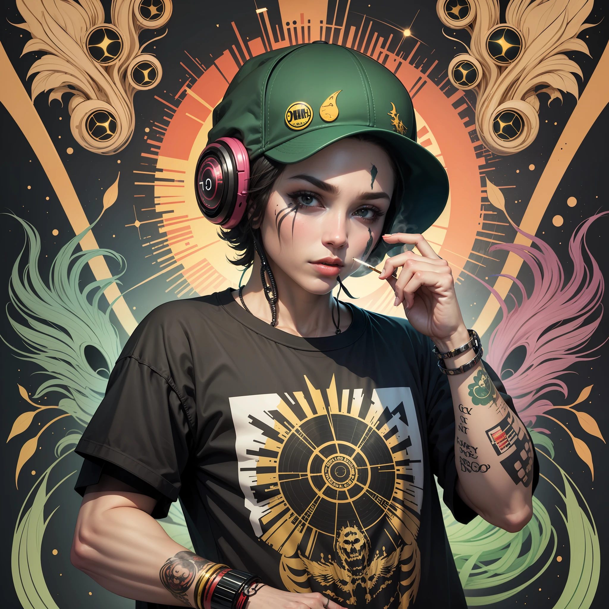An alien rapper made out of stained glass, smoking a joint, t-shirt design, vector art, hip hop grunge
