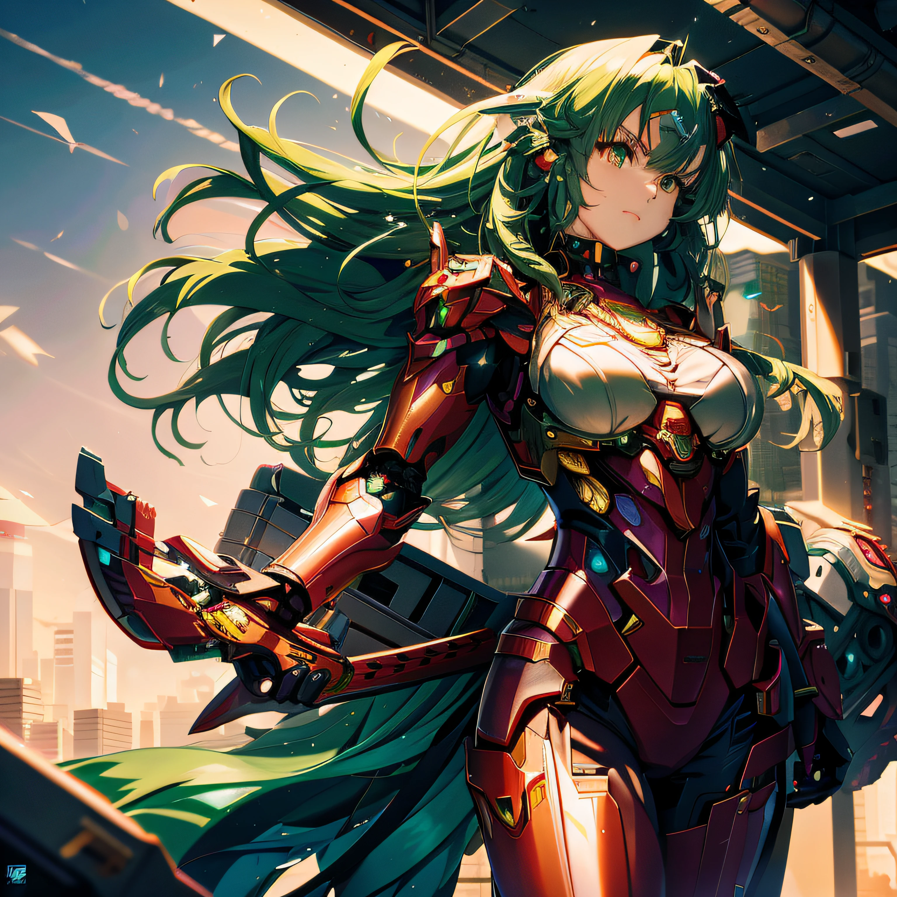 Anime girl with green hair and sword in the city, girl in mecha cyber armor, cyberpunk anime girl mech, Mechanized Valkyrie girl, mecha asthetic, anime robotic mixed with organic, style of anime4 K, Anime manga robot!! Anime girl, Digital cyberpunk anime art, anime girl of the future, Armor Girl, Anime epic artwork, advanced digital anime art