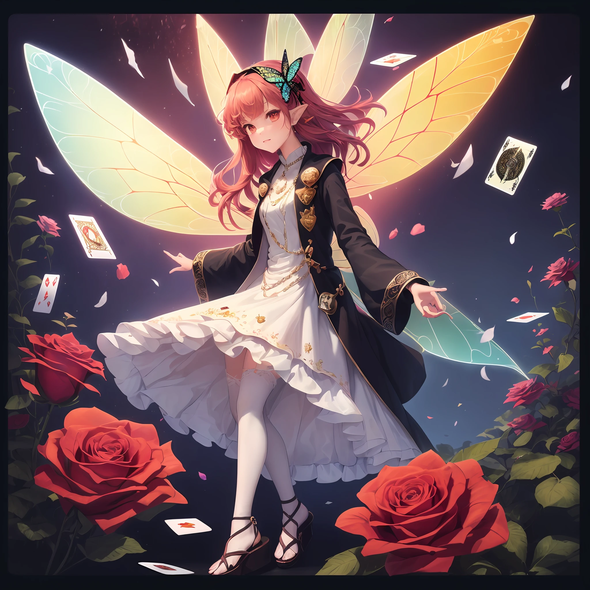 (Golden Ratio: 1.2), (Rose Graffiti: 1.2), (Glitch Color: 1.3), [(White Background: 1.4)::10], (Whole Body: 1.2), (Super Fine: 1.3), (Tarot :1.6),(Magician (Tarot):1.6),(Paper:1.2),(Fairy:1.6),(Fairy Wings:1.2),Full Body, Hanging,(Cool:1.2),(Red Long Hair ),(butterfly hair accessory),(flower hair accessory: 1.0),((sandals,Locket)),(colored cocktail dress: 1.0)+(loose-sleeve jacket: 1.3)+(fluttering colorful tassels and ribbons :1.2 ),(white stockings: 1.2),(colored ink paper flowers: 1.2),(colorful flower sea: 1.3),(chaotic geometry: 1.3),(negative space: 0.8),(drawing board: 1.3 ), (Ether Color ink flow: 1.3) --auto