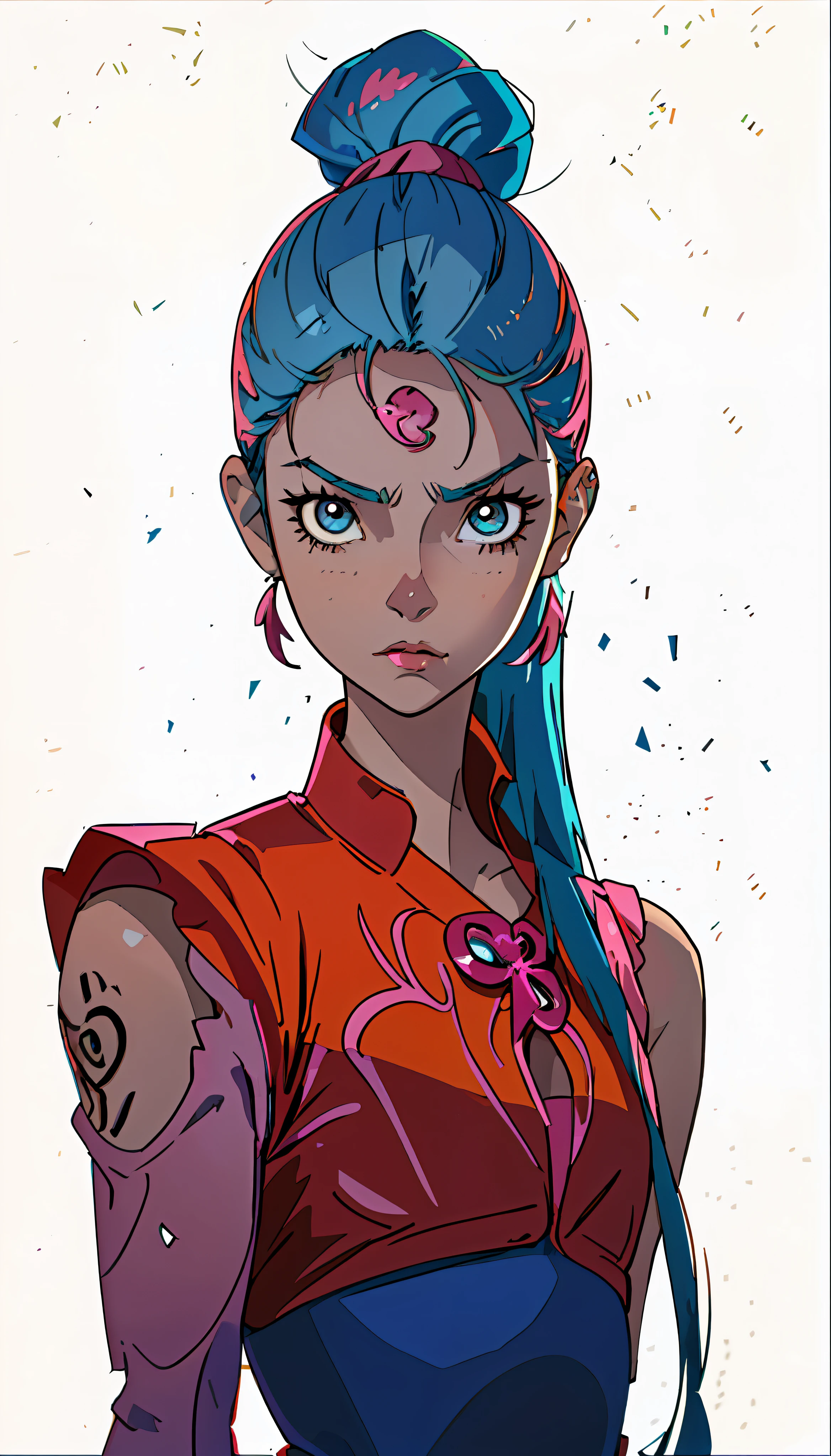 an anime cartoon of a woman with long blue hair with orange and pink splashes over her swimsuit, 1girl, sozinho, cabelos longos, olhos fechados, jewelries, Brincos, corar, cabelos multicoloridos, bareshoulders, blonde hair, cabelos muito longos, vestido vermelho, sorrir