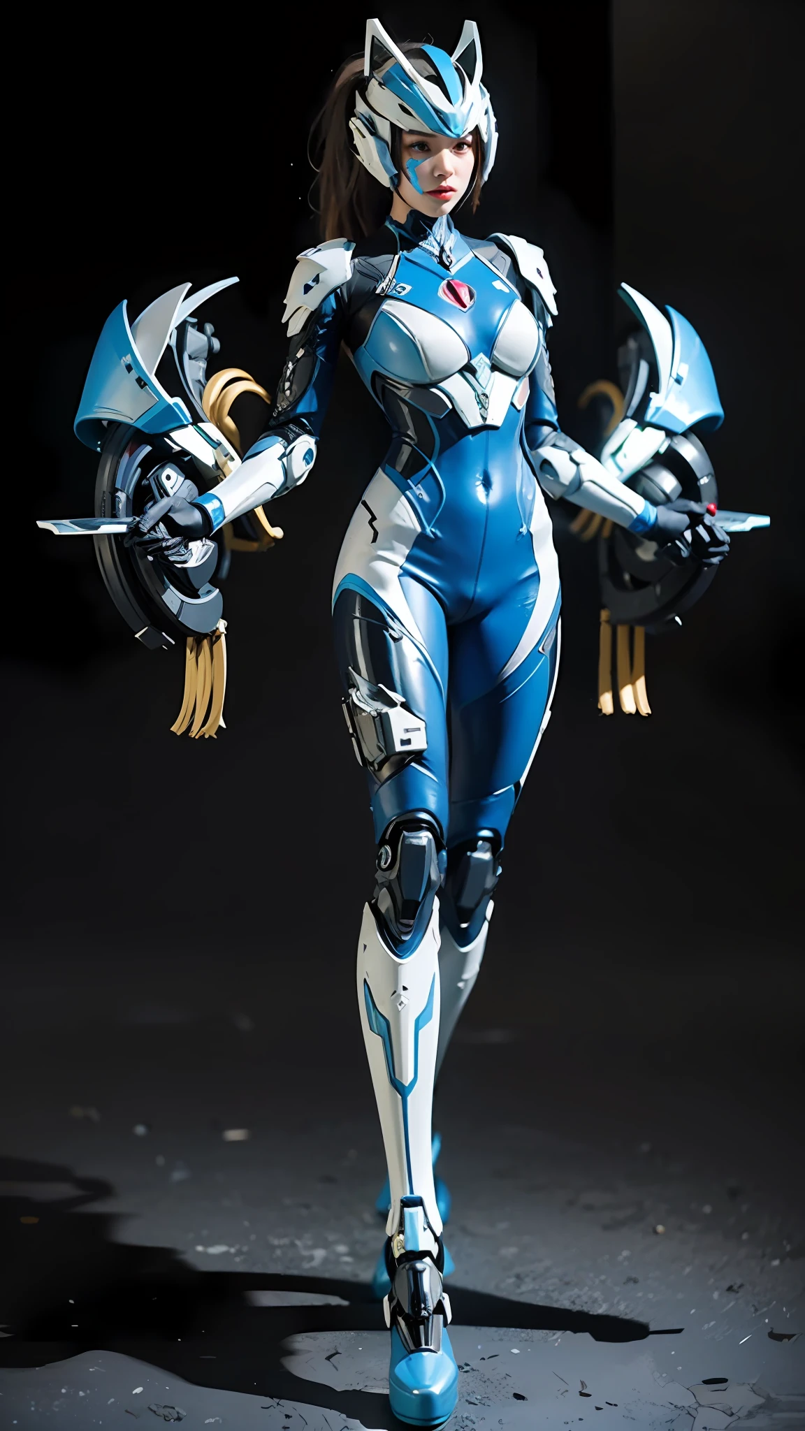 Alafi was dressed in blue and white,machine arm, porcelain cyborg armor, gynoid cyborg body, cybersuit, warframe armor!!, girl in mecha cyber armor, cyber suit, cyborg fashion model, of a beautiful female warframe, porcelain cyborg, cyborg tech on body and legs, perfect anime cyborg woman, anime figure; Full-body art