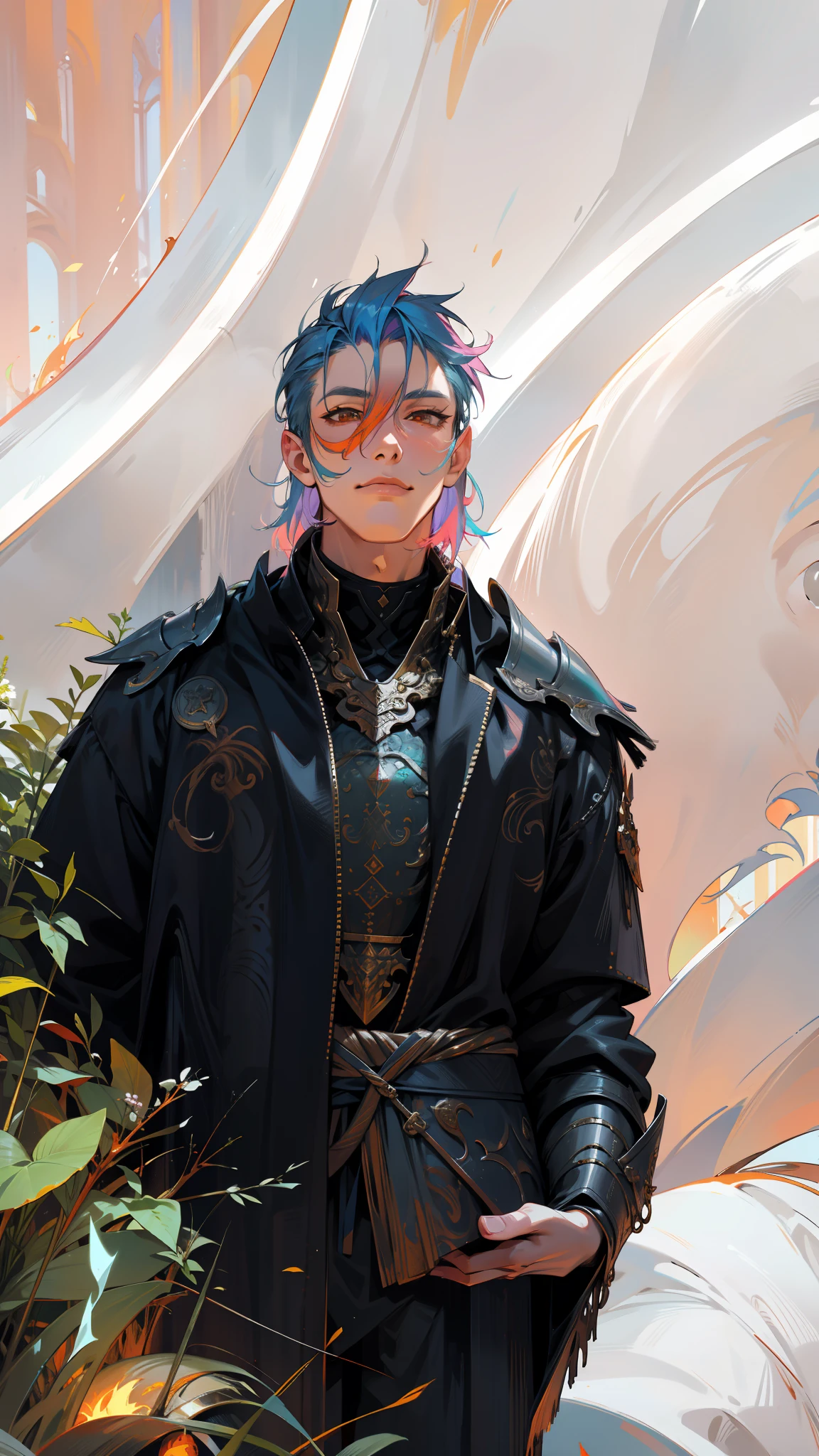 a male druid, wildly colored hair, Dark fantasy, detailed colored armor, with a giant flaming fox behind him