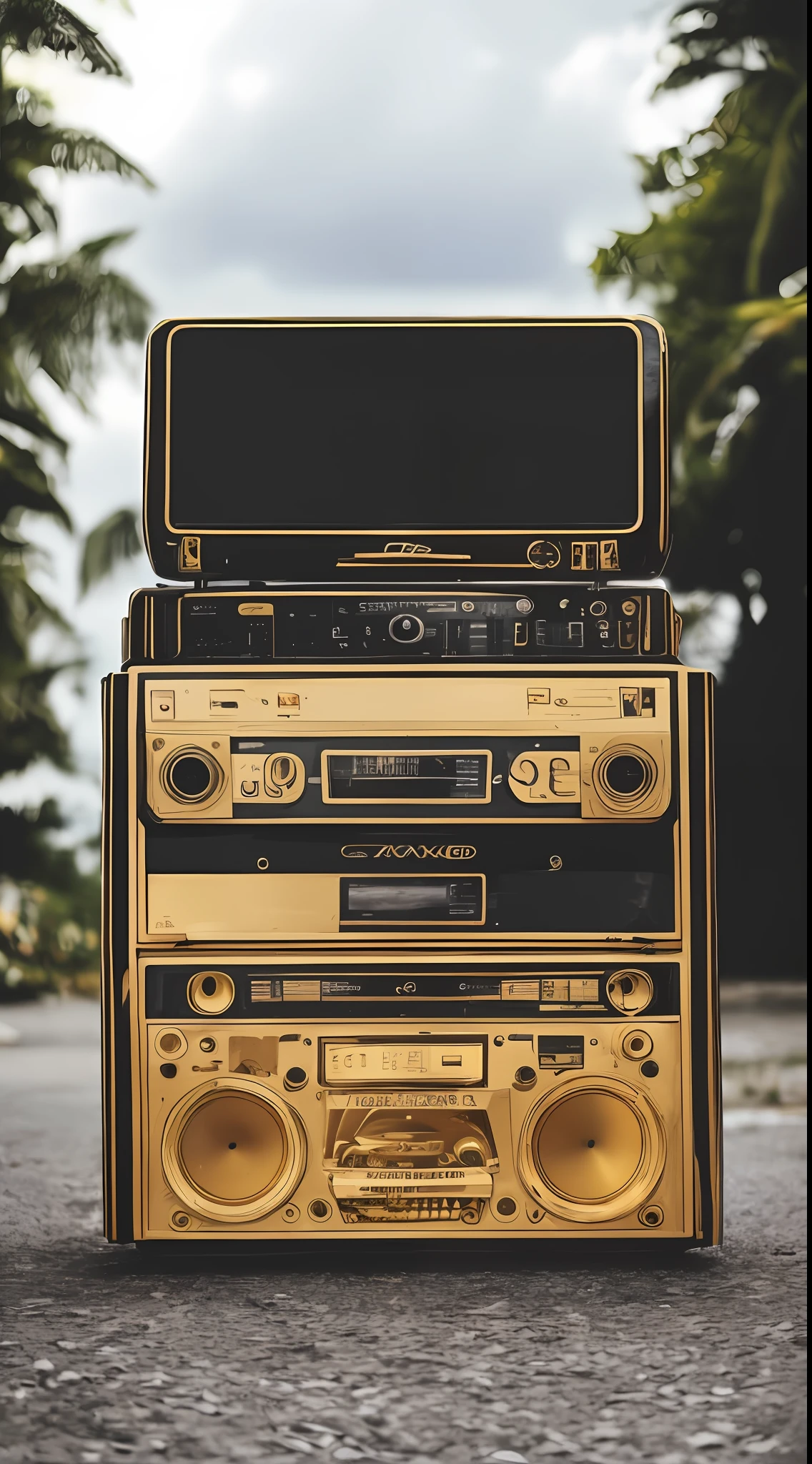 A big boombox from the 80s, au milieu du cadre, Une boombox funky gold et noirmat (vintage look) avec des autocollants dessus et de belles filles dansant autour. Background on a sunny day in Jamaica, Very nice day, Girls are happy Music plays loudly. --auto