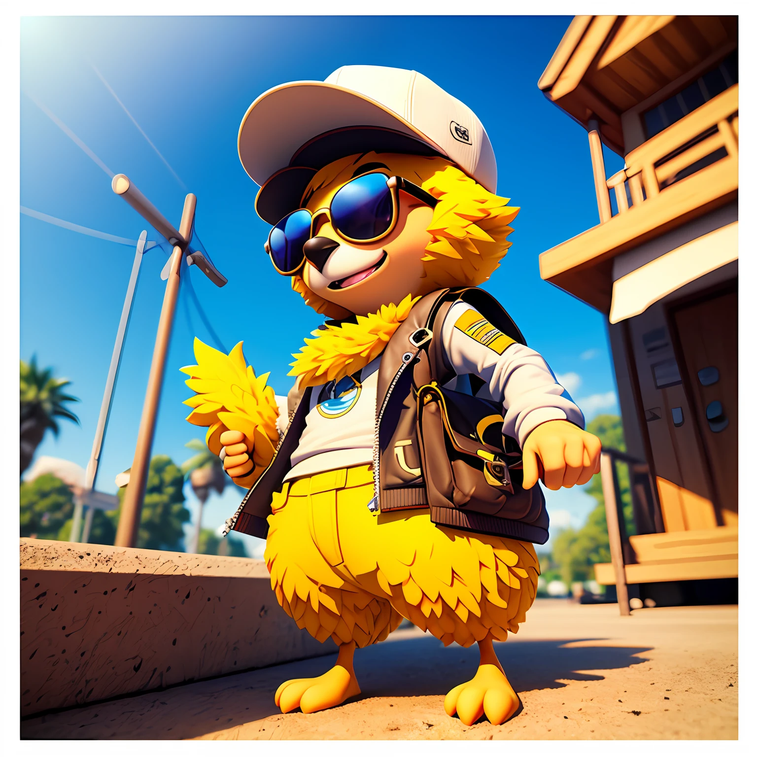 Cartoon 3D anthropomorphic chick, epic 3D Omoru, 3D matte illustration, wearing sunglasses and hat, shorts --auto