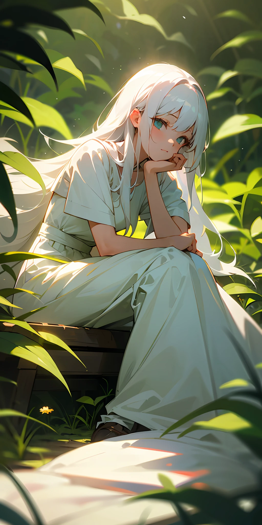 (masterpiece, best quality),1girl with long white hair sitting in a field of green plants and flowers, her hand under her chin, warm lighting, white dress, blurry foreground --auto