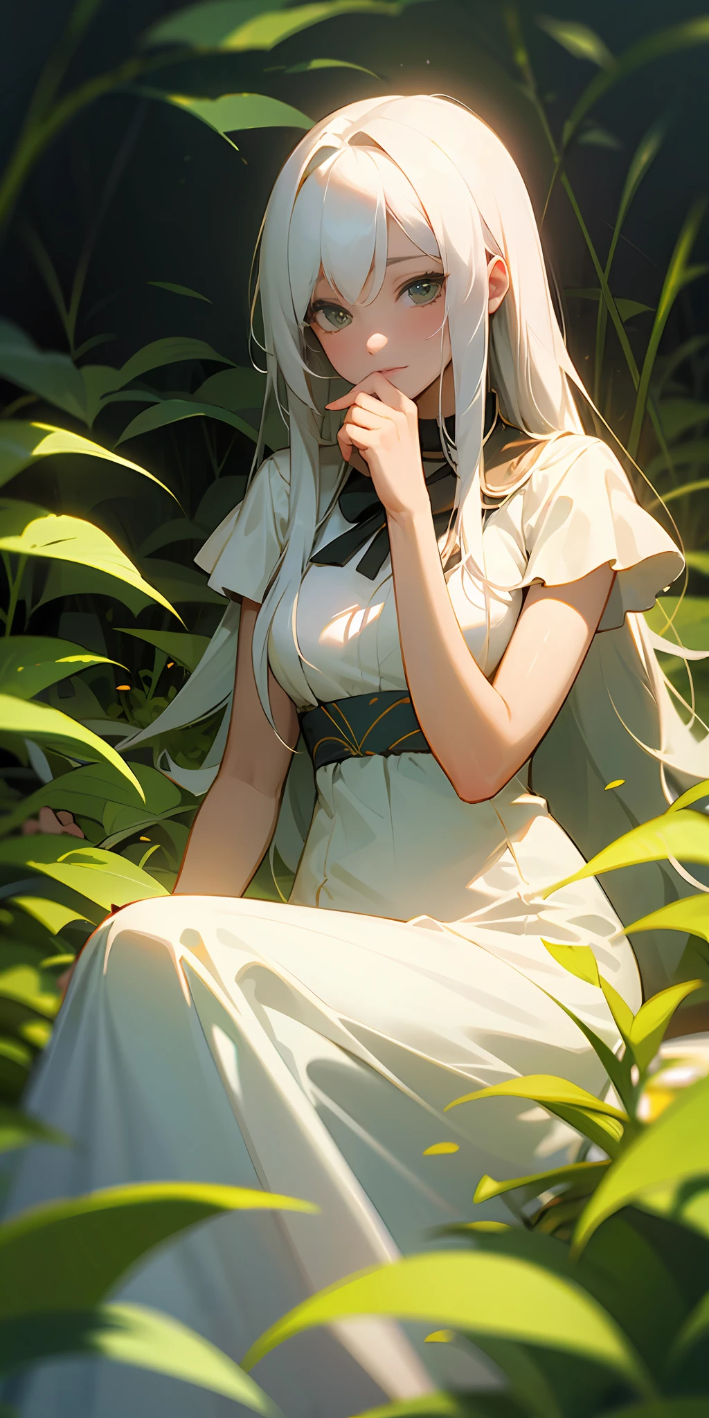 (masterpiece, best quality),1girl with long white hair sitting in a field of green plants and flowers, her hand under her chin, warm lighting, white dress, blurry foreground --auto