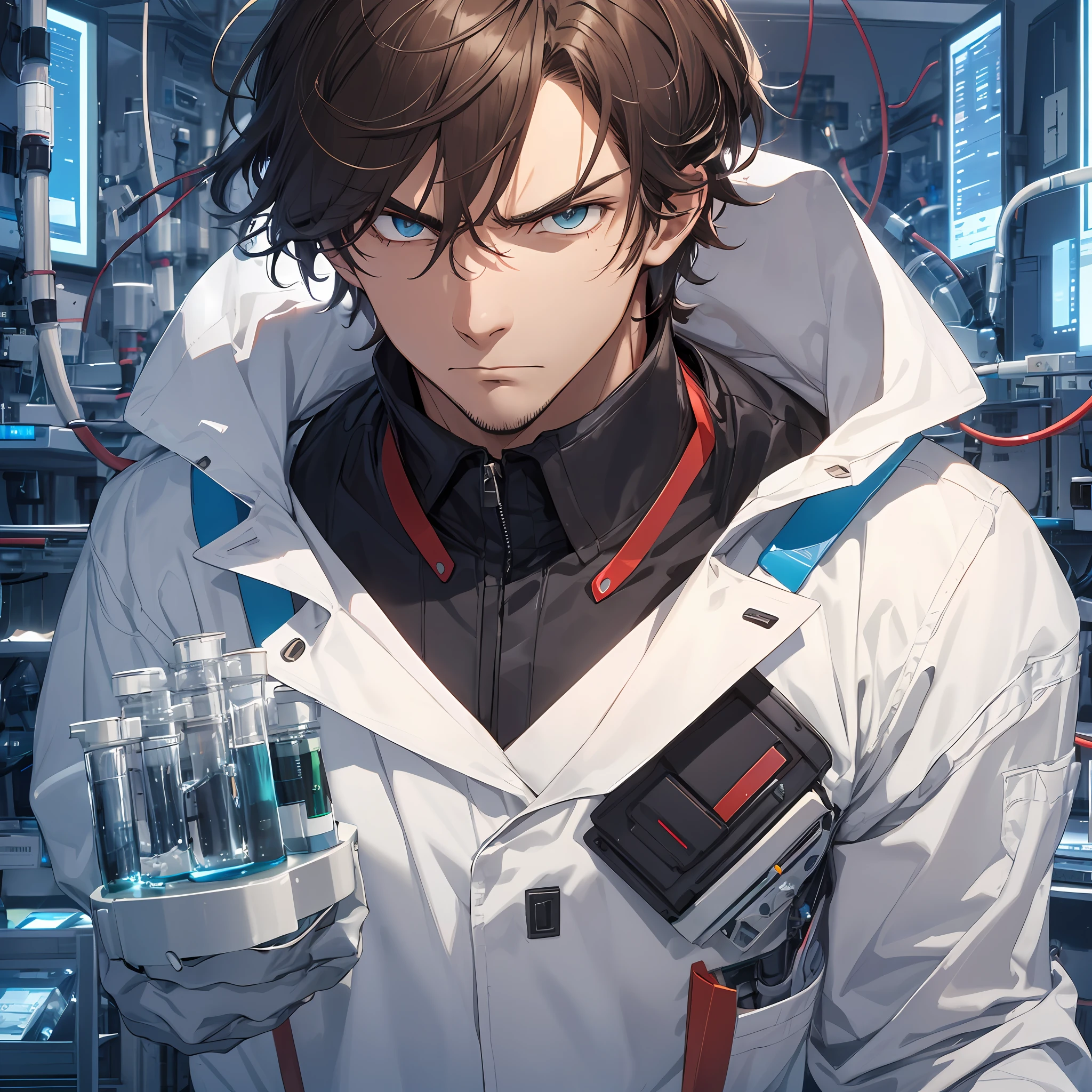 A handsome man,brunette color hair,Scientists dressed up,Clear facial features,angry look,The background is a research institute full of science and technology