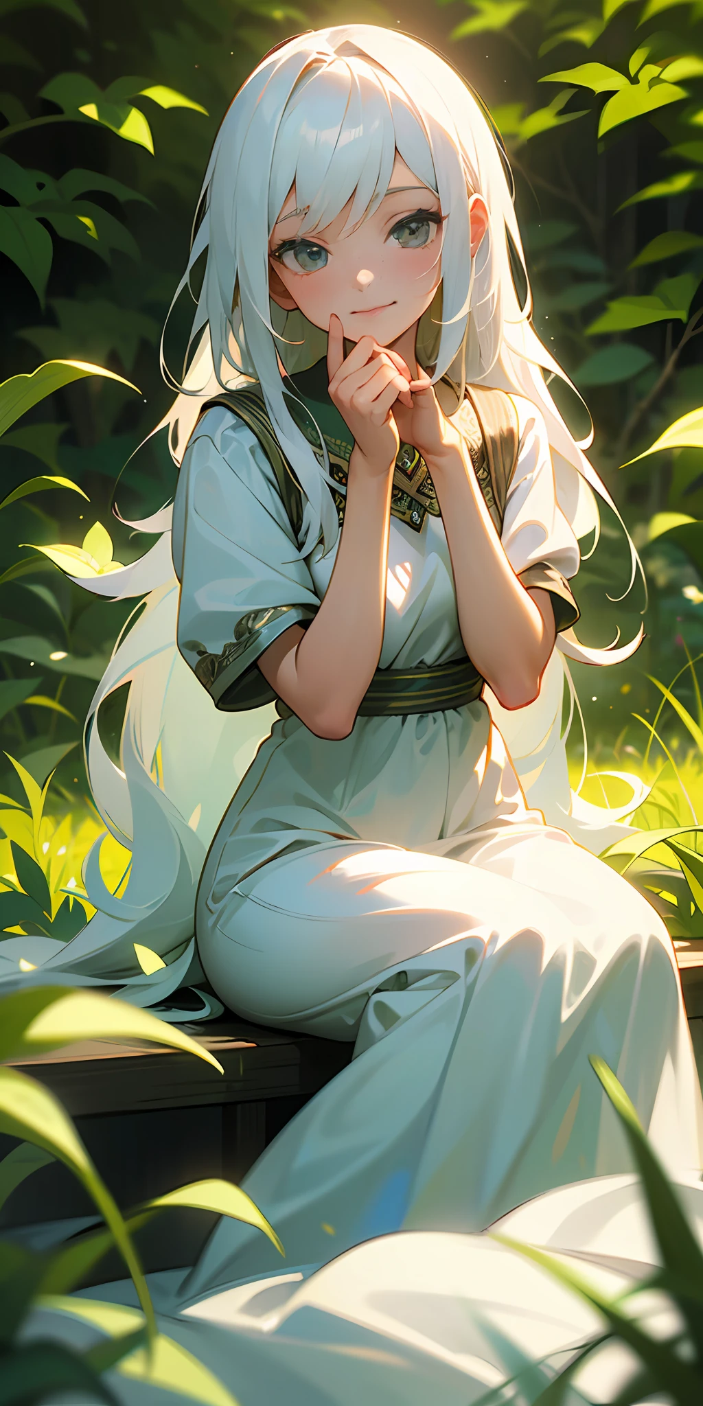 (masterpiece, best quality),1girl with long white hair sitting in a field of green plants and flowers, her hand under her chin, warm lighting, white dress, blurry foreground --auto