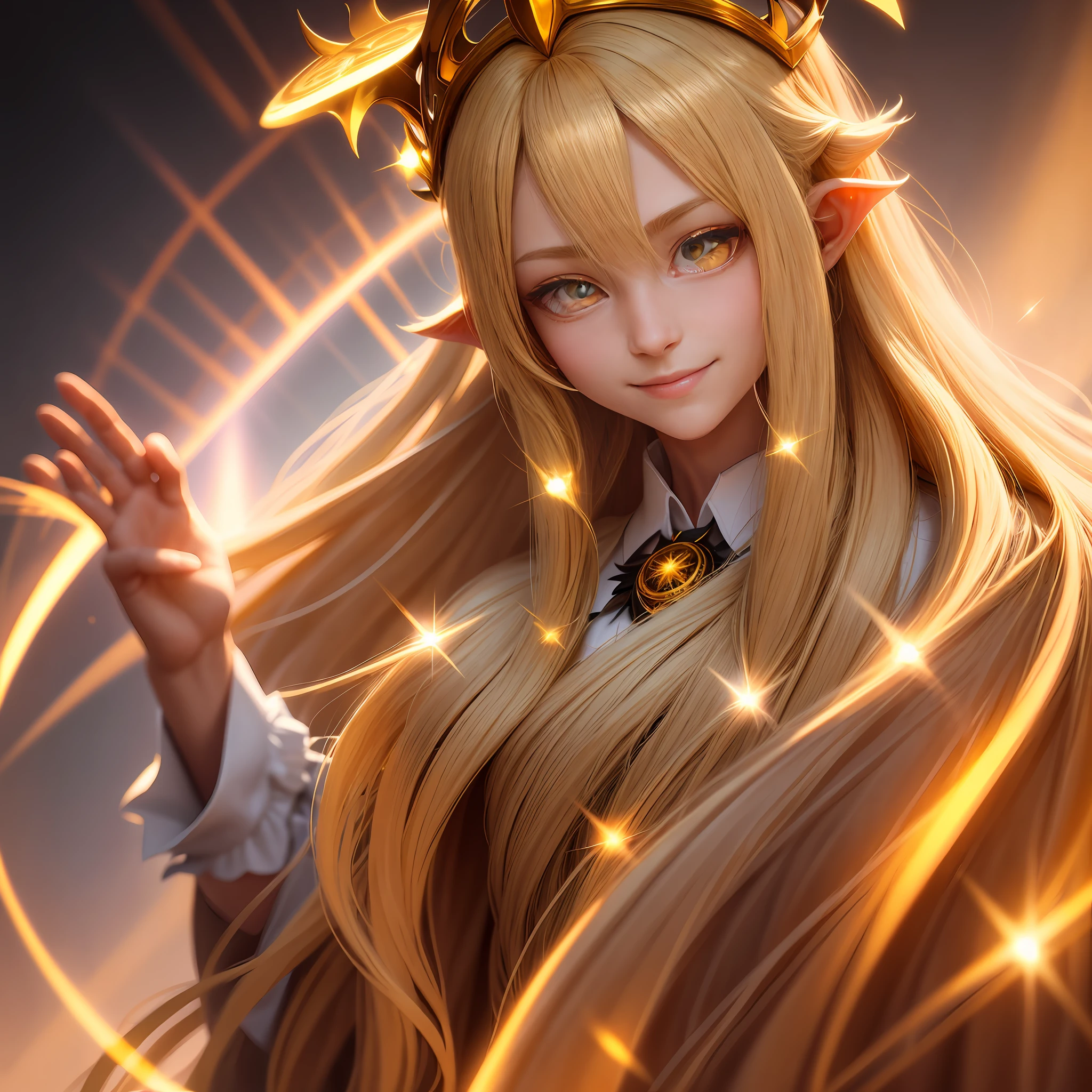 blonde hair, long hair, halo, crown, yellow eyes, devil pupils, devil eyes, long pointy ears, smile, sparkle, god rays, projected inset, high detail, best quality
