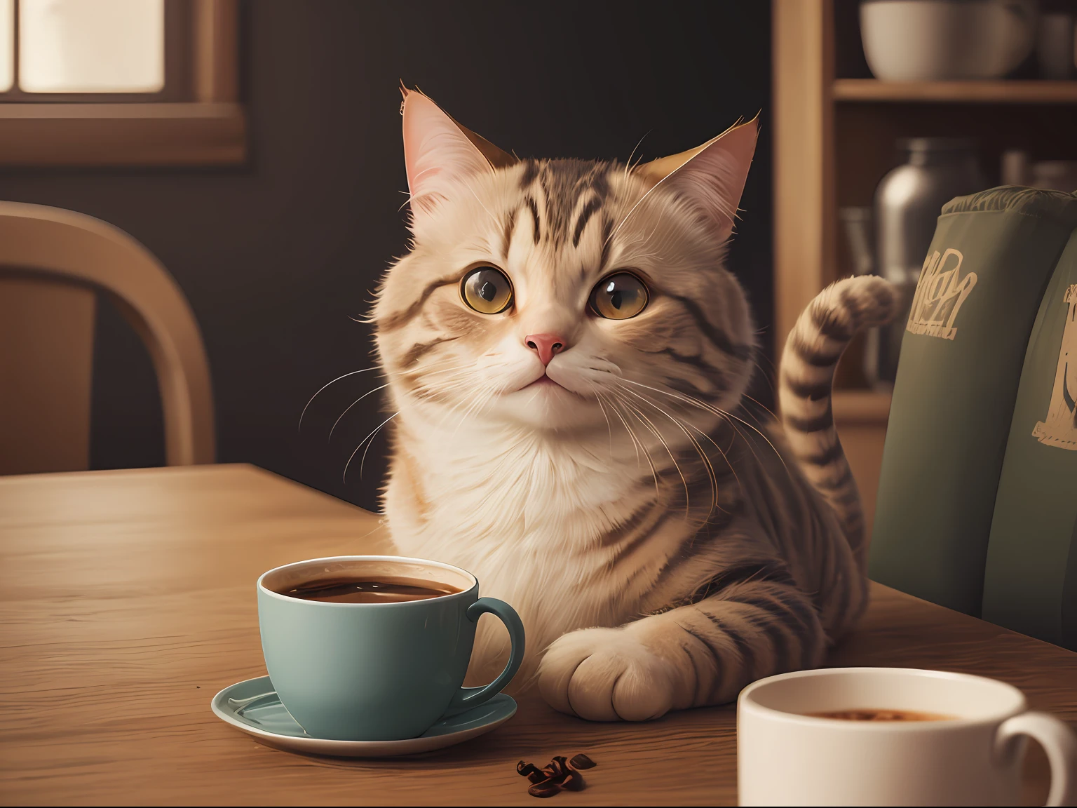 American coffee poster，Muppet cat，Coffee splashes，Super realistic，Nice details