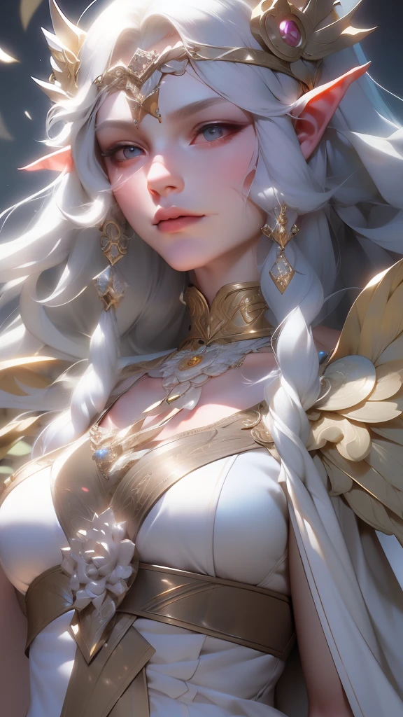 Close-up of a woman with long white hair and a necklace..., White-haired fairy, knight portrait of zodiac girl, anime fantasy illustration, Detailed Digital Anime Art, intricate ornate anime cgi style, high detailed official artwork, anime fantasy artwork, A masterpiece of the goddess of grief.., Beautiful and elegant elf queen, fantasy art style, goddesses. very high details, artwork, Picture books, masterpiece, bestquality, (extremely detailed cg unity 8k wallpaper), (bestquality), (best illustration), (best shadows), Absurd, Realistic lighting, (abyss), Beautiful Detailed Glow