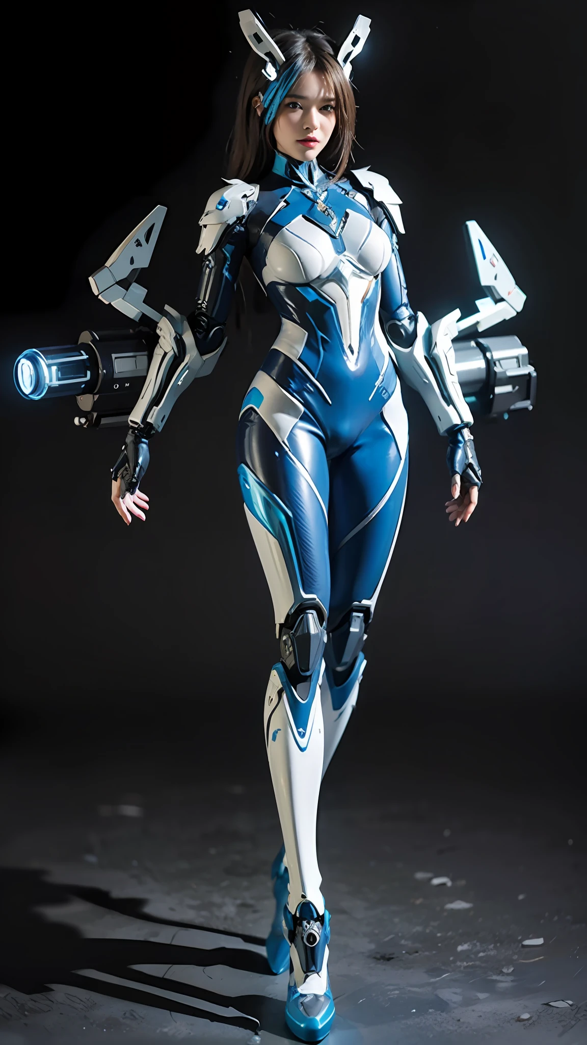 Alafi was dressed in blue and white,machine arm, porcelain cyborg armor, gynoid cyborg body, cybersuit, warframe armor!!, girl in mecha cyber armor, cyber suit, cyborg fashion model, of a beautiful female warframe, porcelain cyborg, cyborg tech on body and legs, perfect anime cyborg woman, anime figure; Full-body art
