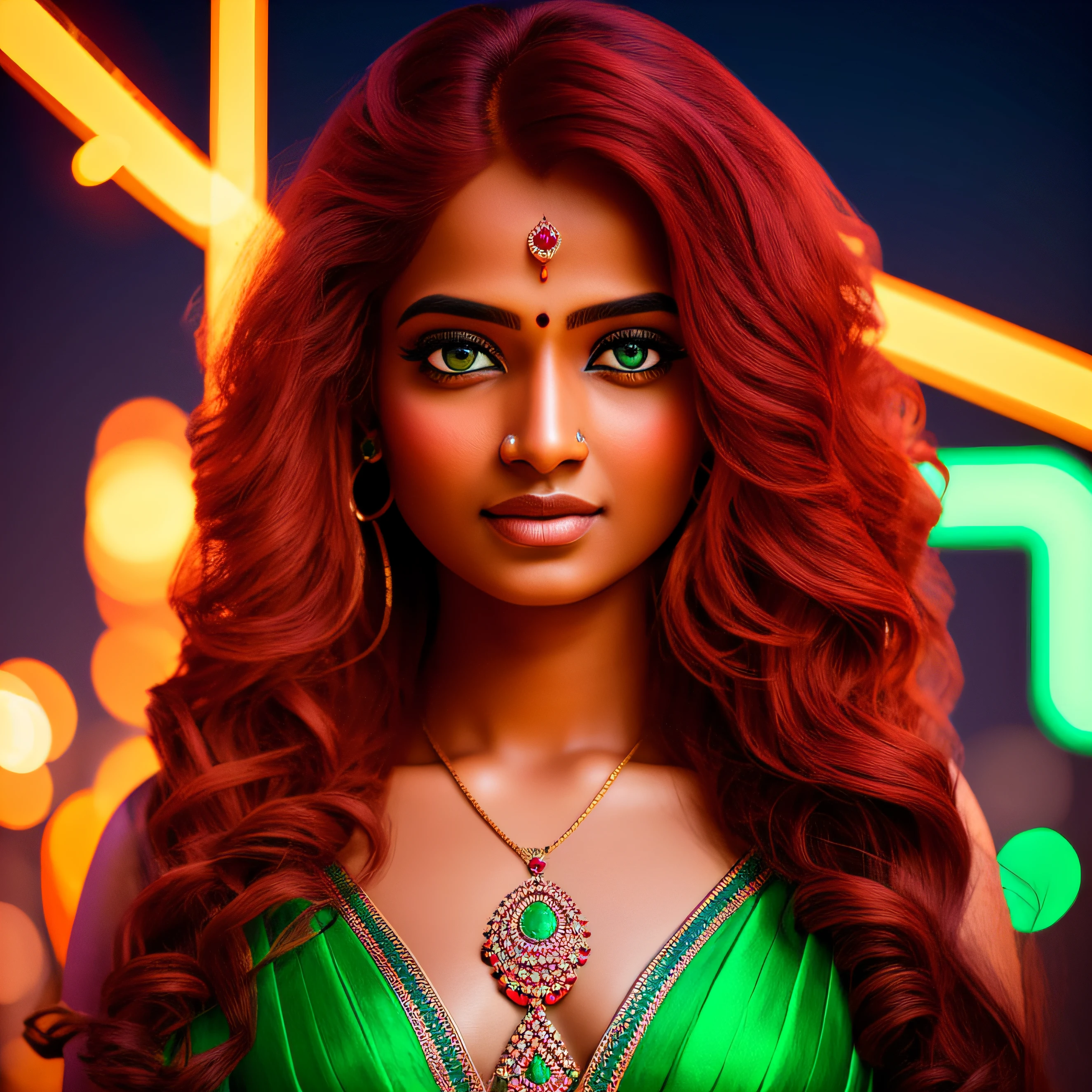 Indian woman with long red hair, Green eyes in a location with some ultra realistic 8k neon illuminations --auto