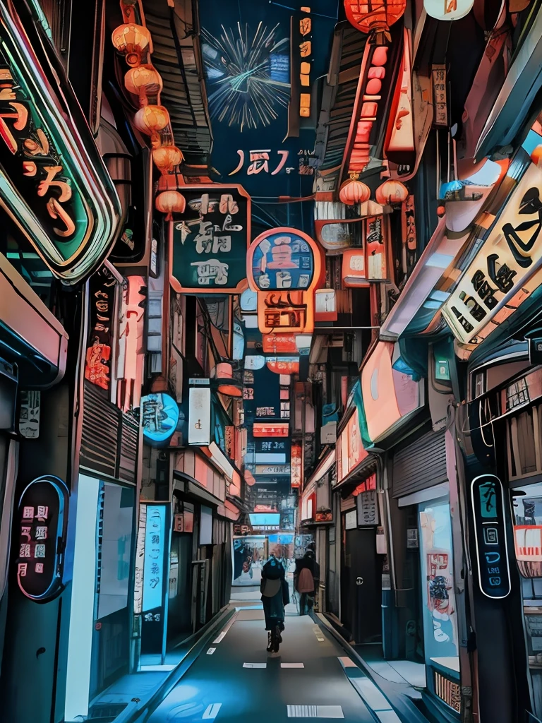 There are a lot of signs hanging from the ceiling, cyberpunk streets in japan, japanese neon signs, neon lights above shops, japan travel aesthetic, dreamy Chinese towns, china town blade runner, in a narrow chinese alley, japanese downtown, street japan, Lots of cables and neon signs, japanese city at night, Huge neon signboard, tokyo alleyway