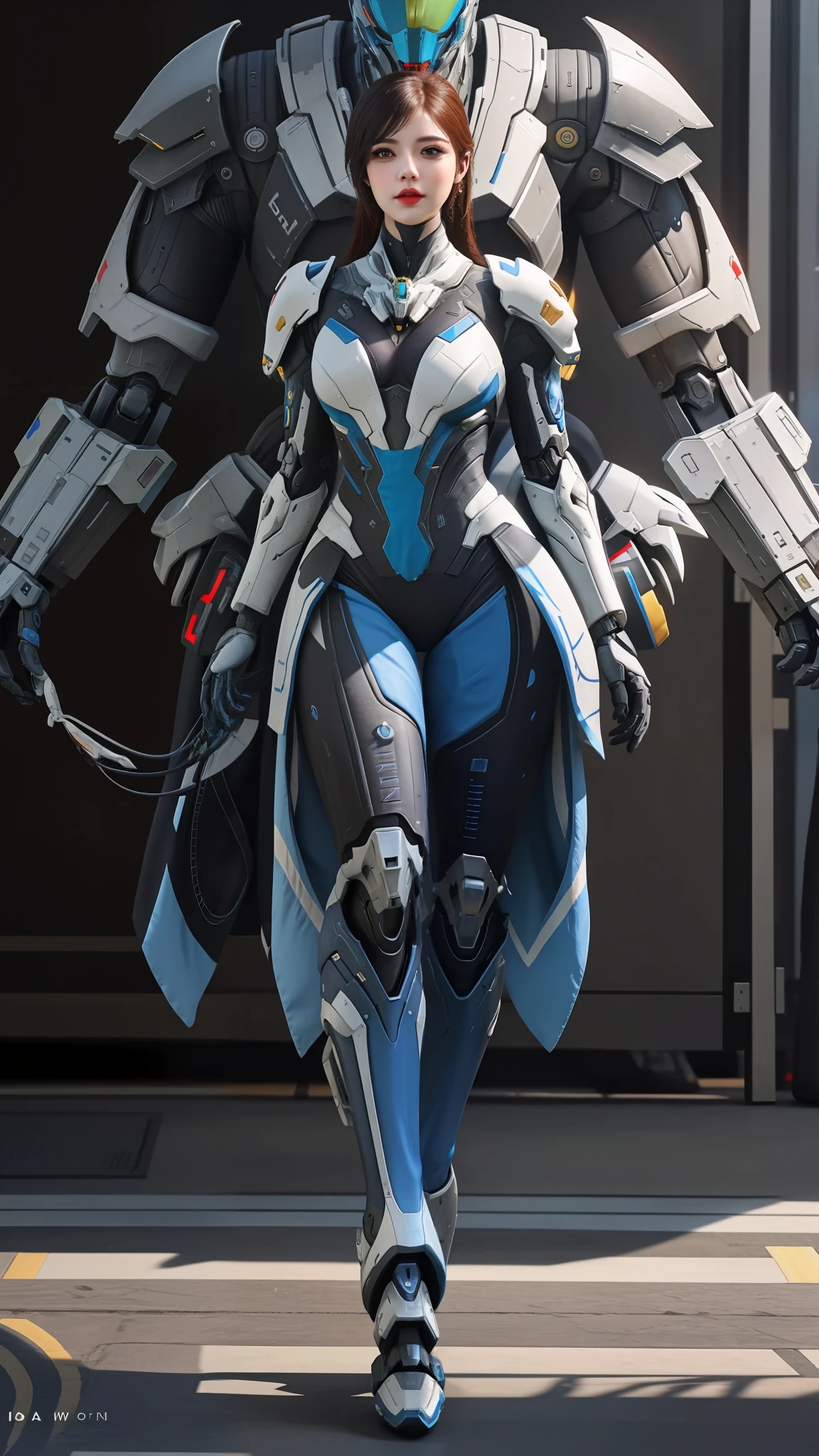 Woman in blue and white walking in front of a giant robot, thick smooth warframe thighs, of a beautiful female warframe, girl in mecha cyber armor, porcelain cyborg armor, echo from overwatch, thick warframe legs, cyber suit, Mecha suit, of a beautiful saryn warframe, thick smooth warframe legs, 《overwatch》Symmetry in