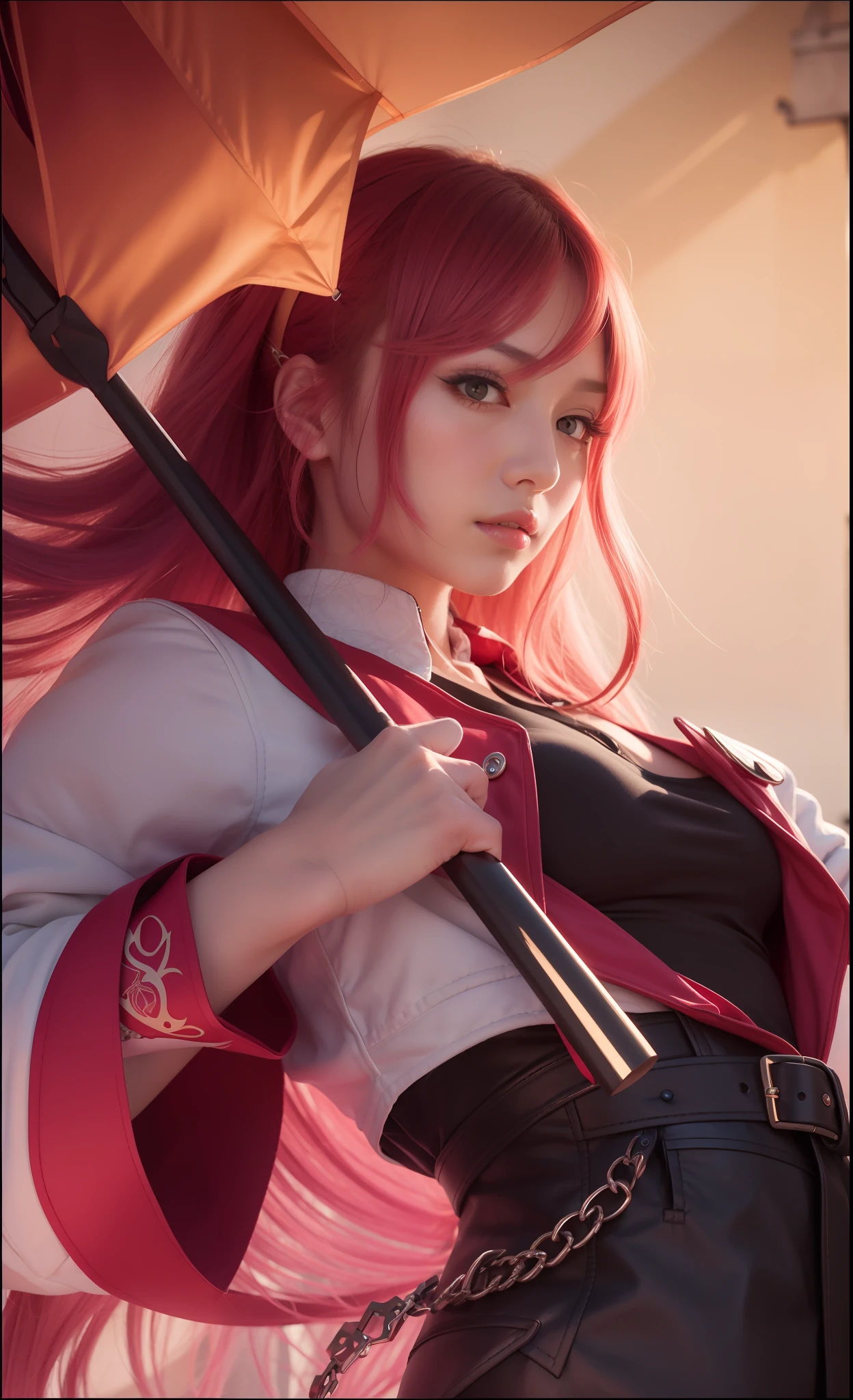 1grils,kagura mlbb,White jacket,long hair,pink hair, realistic, ultra, detail,70mm lens