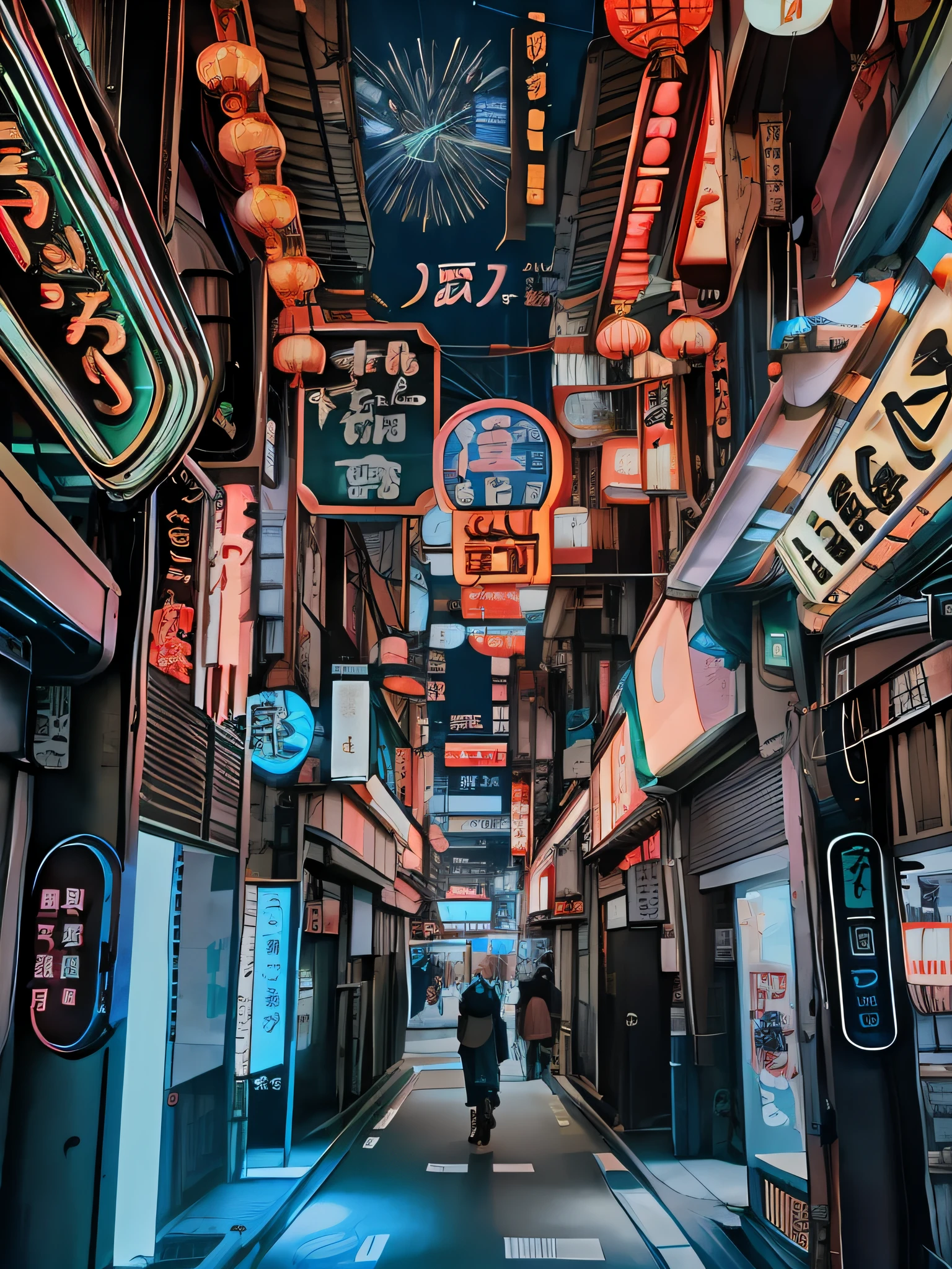 There are a lot of signs hanging from the ceiling, cyberpunk streets in japan, japanese neon signs, neon lights above shops, japan travel aesthetic, dreamy Chinese towns, china town blade runner, in a narrow chinese alley, japanese downtown, street japan, Lots of cables and neon signs, japanese city at night, Huge neon signboard, tokyo alleyway