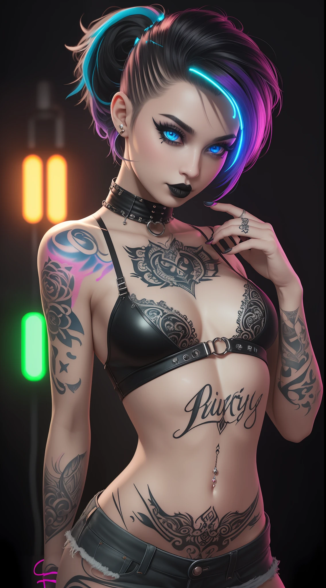 A highly detailed picture of a beautifully tattooed woman, (((the word Naughty tattooed on lower midriff, in calligraphy font))), (((the word naughty written in a glowing tattoo on midriff))), (((the word Naughty tattooed on midriff in reflective ink, glowing in blacklight, glowing tattoos))), posing seductively, looking down at viewer, seductive smirk, short blonde hair, shaved sides, pixie cut, petite, small chest, black eyeliner, black lipstick, piercing blue eyes, detailed eyes, ultra detailed, tattoos, (punk outfit, loose skimpy clothing, revealing), ((detailed background, blacklight rave)), photorealistic, colorful, viewed from front, low angle view, digital art, highly detailed, fine detail, intricate, ornate, complex, octane render, unreal engine, photorealistic, 8k, 16k,