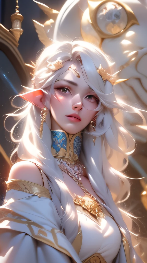 Close-up of a woman with long white hair and a necklace..., White-haired fairy, knight portrait of zodiac girl, anime fantasy illustration, Detailed Digital Anime Art, intricate ornate anime cgi style, high detailed official artwork, anime fantasy artwork, A masterpiece of the goddess of grief.., Beautiful and elegant elf queen, fantasy art style, goddesses. very high details, artwork, Picture books, masterpiece, bestquality, (extremely detailed cg unity 8k wallpaper), (bestquality), (best illustration), (best shadows), Absurd, Realistic lighting, (abyss), Beautiful Detailed Glow