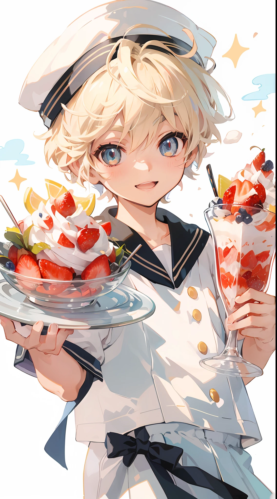 Anime boy in sailor suit with strawberries and fruit food plate, Sea of Parfaits, anime food, splash art anime , zerochan art, pixiv, pixiv style, Official art, ❤🔥🍄🌪, detailed fan art, Lori, Official art、Thicker eyebrows, clean detailed anime art, zerochan, official fan art, high quality fan art、Show your teeth and smile