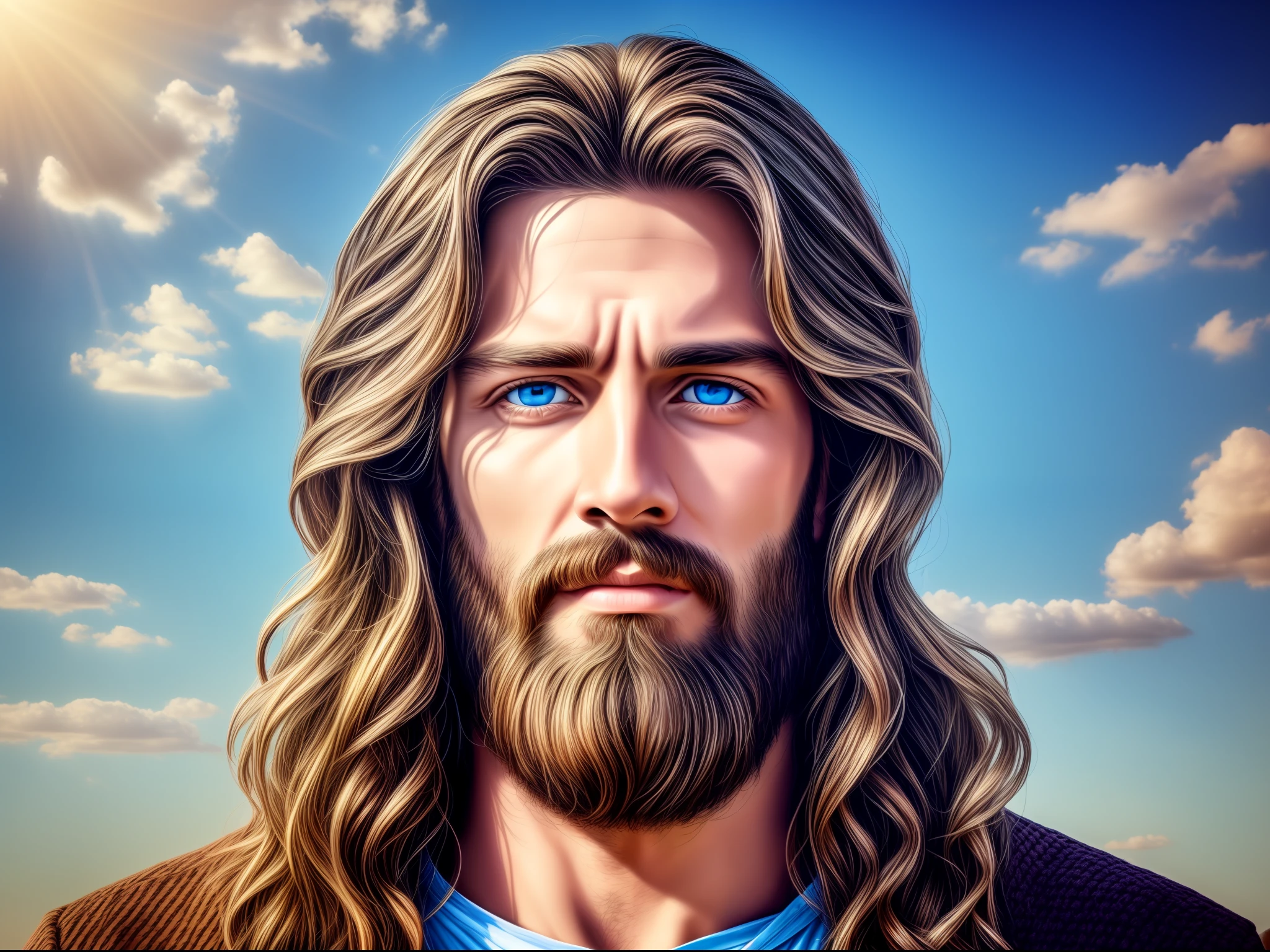 Portrait of a handsome man, Jesus Christ, real blue eyes, sunny day, intricate details.