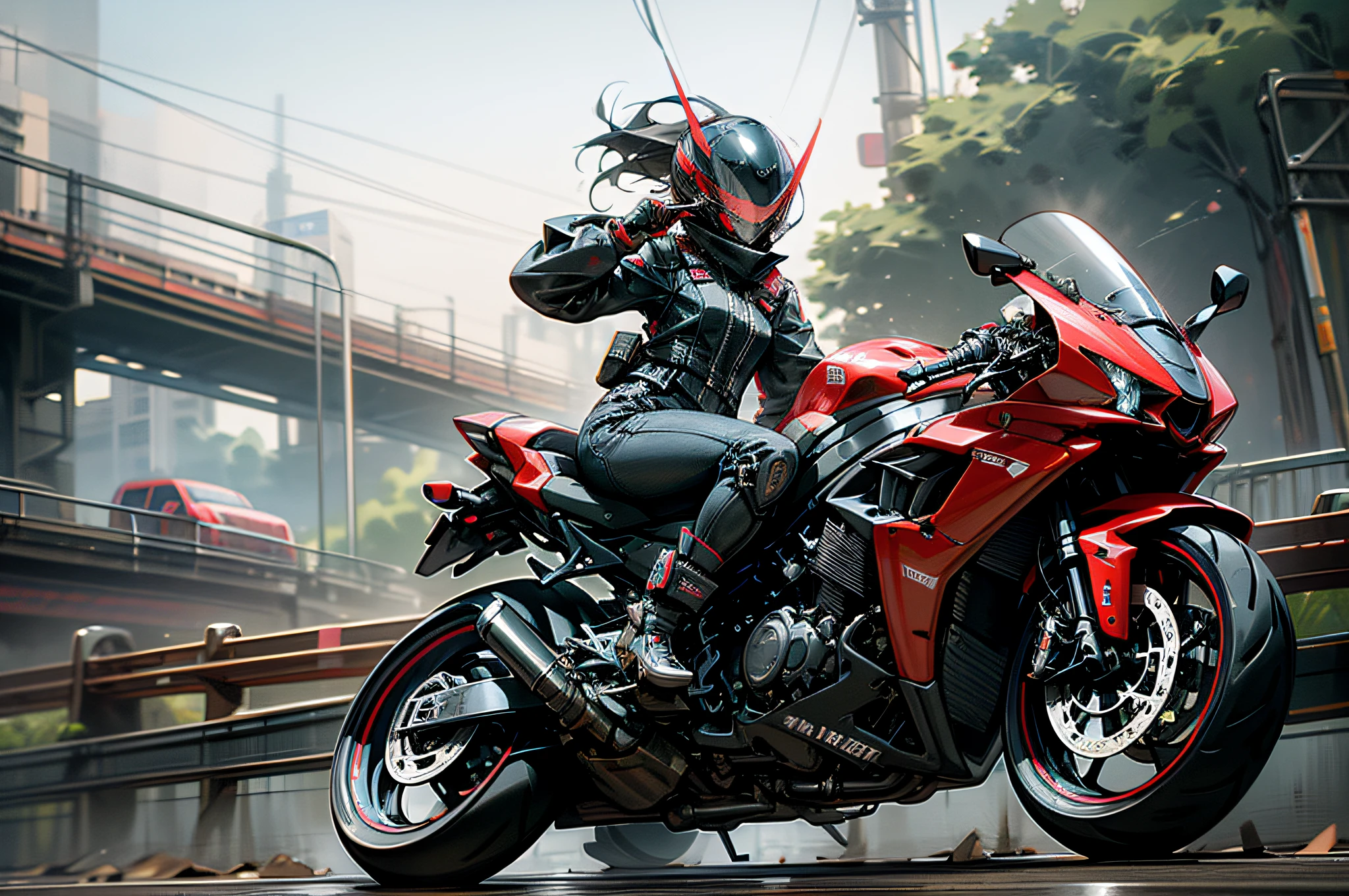 Model of beautiful woman holding helmet，Cool modern motorcycle in red and black，(8K)Scenes，(detail-rich)Render locomotive and character details and textures，(highway background)Drifting away