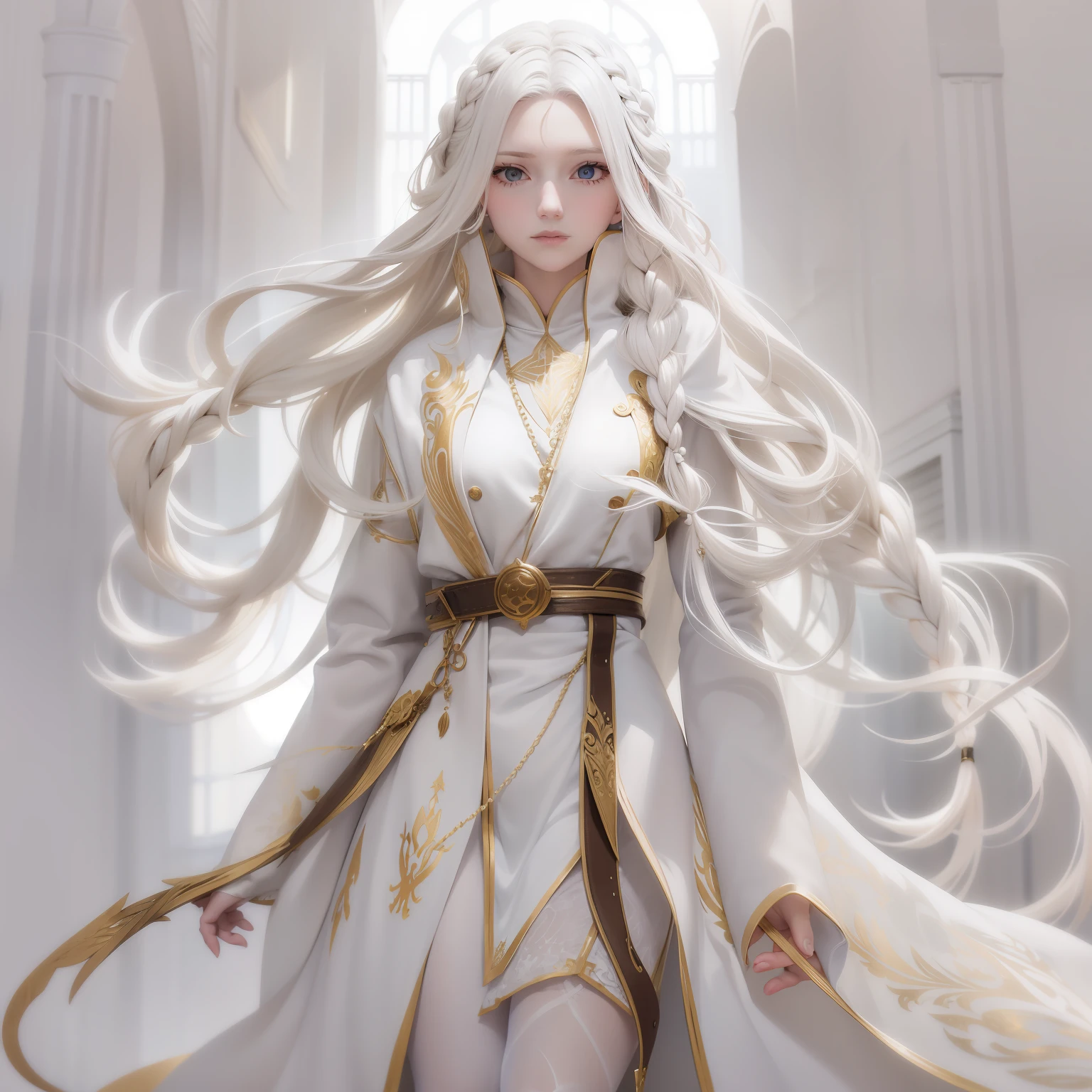 Manteau blanc,white skinned,whaite hair,long braid,Golden eyes,Look up,The upper part of the body,Need,tmasterpiece