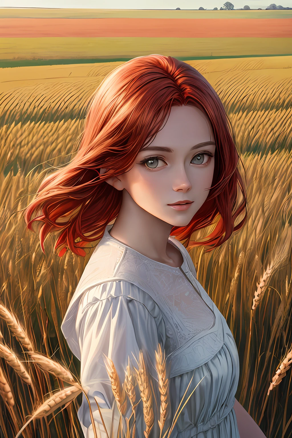 (Masterpiece), Best Quality, 4k, wide-angle, films, posters, photo, (detaled face), Beautiful, Fields, Wheat fields, autumn, plains, the trees , blue skies, Beautiful young girl in white dress, redhead hair, Masterpiece, Best Quality, hight resolution, Realistic, Standing, foreshortening, medium plan, Highly detailed symmetrical painting