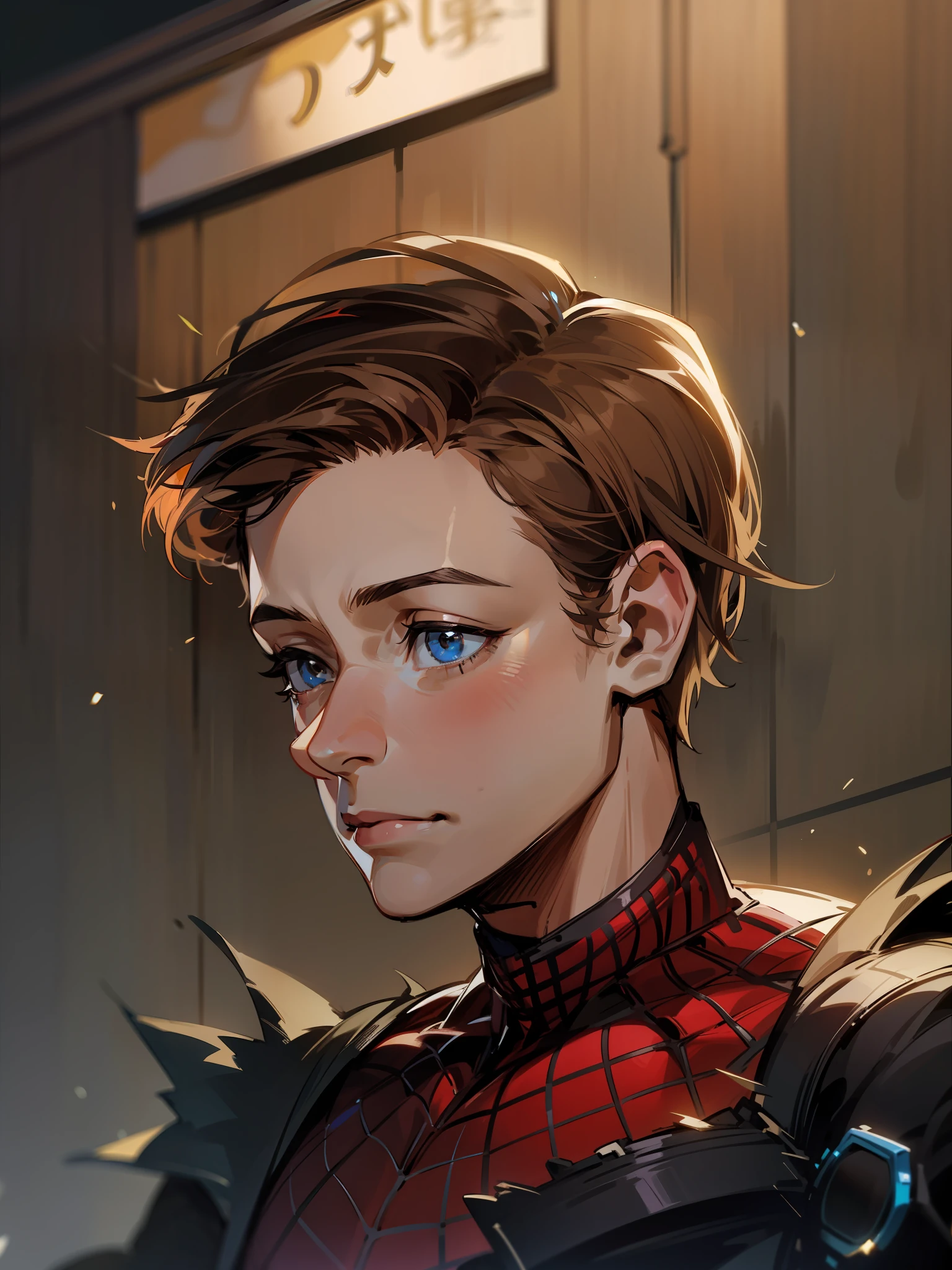 peter parker，1boys，Very handsome，brown  hair，head portrait，Close-up of the head，ssmile，最好质量