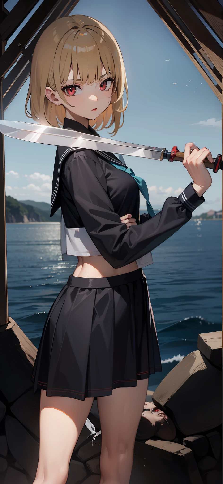 a sailor suit,pleated long skirt,Bad girl,Wooden knife in hand,Blonde hair and red eyes,bad