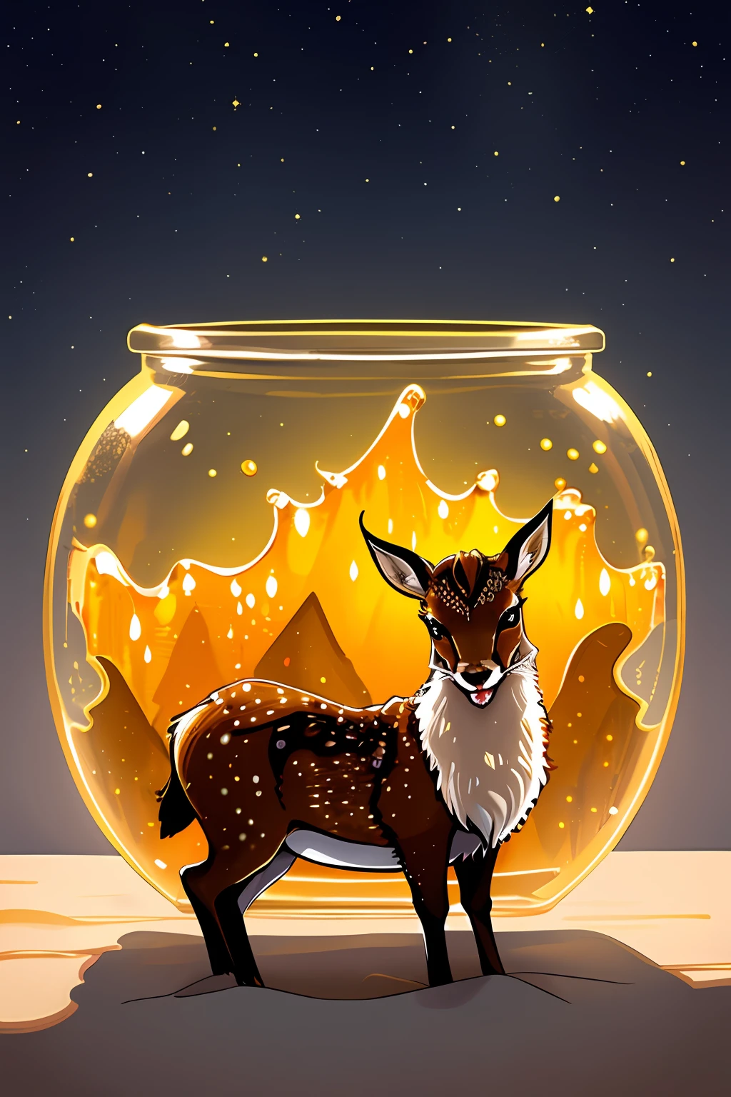 (in dripping art style) Honeywine, Its amber-gold glimmer creates a warmth that one stablemaster states, "Can get you through chilly nights under the Skyrim stars." All it takes to keep one of these vale fawns at your side is a lick of honey now and again, dripping honey, Masterpiece, Best Quality