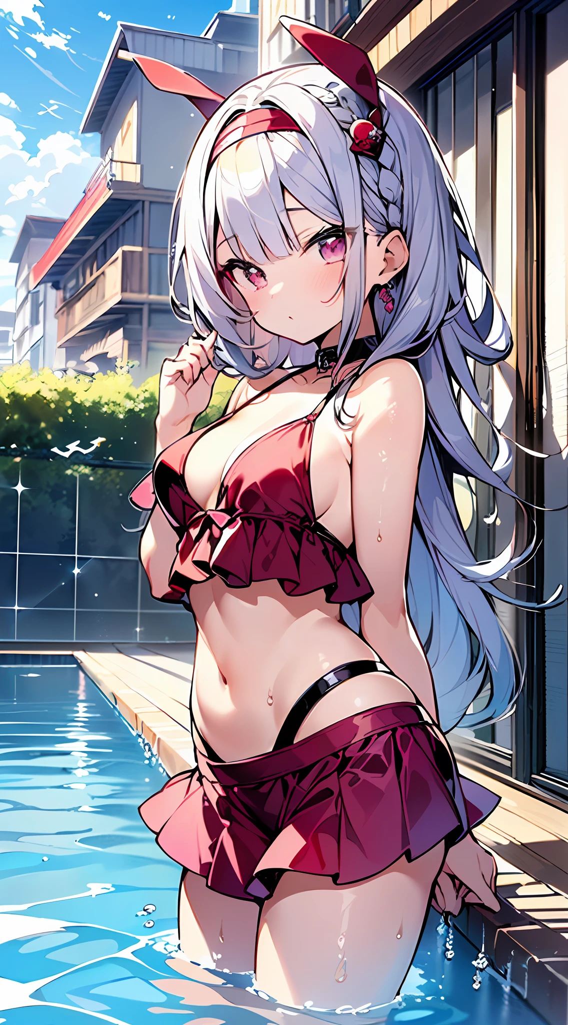 (Incredibly ridiculous absolute resolution:1.5)、Anime girl in glamorous cherry pink bikini, anime moe art style, Seductive Anime Girl,Anime , 8k Manga Wallpapers,((smal pretty anime girl,((swimming pools))、large boob、(The length of to the shoulders)、(short braided hair)、Beautiful anime girl, (Anime Girl), clean detailed anime art