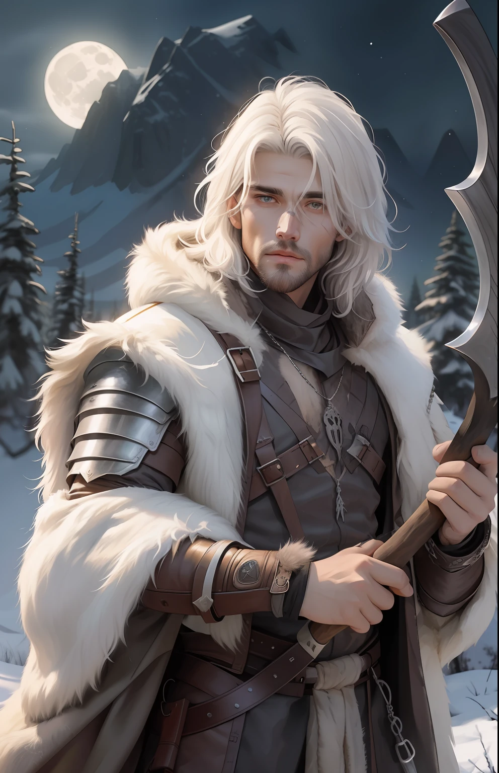 male people，Strong nomadic wilderness warrior，The face is rough，Holding a huge axe，Short fluffy white hair，Cloaked in light armor，Wearing a skeleton necklace。The picture is accompanied by the wilderness under the moon，It reflects a quaint wild atmosphere。