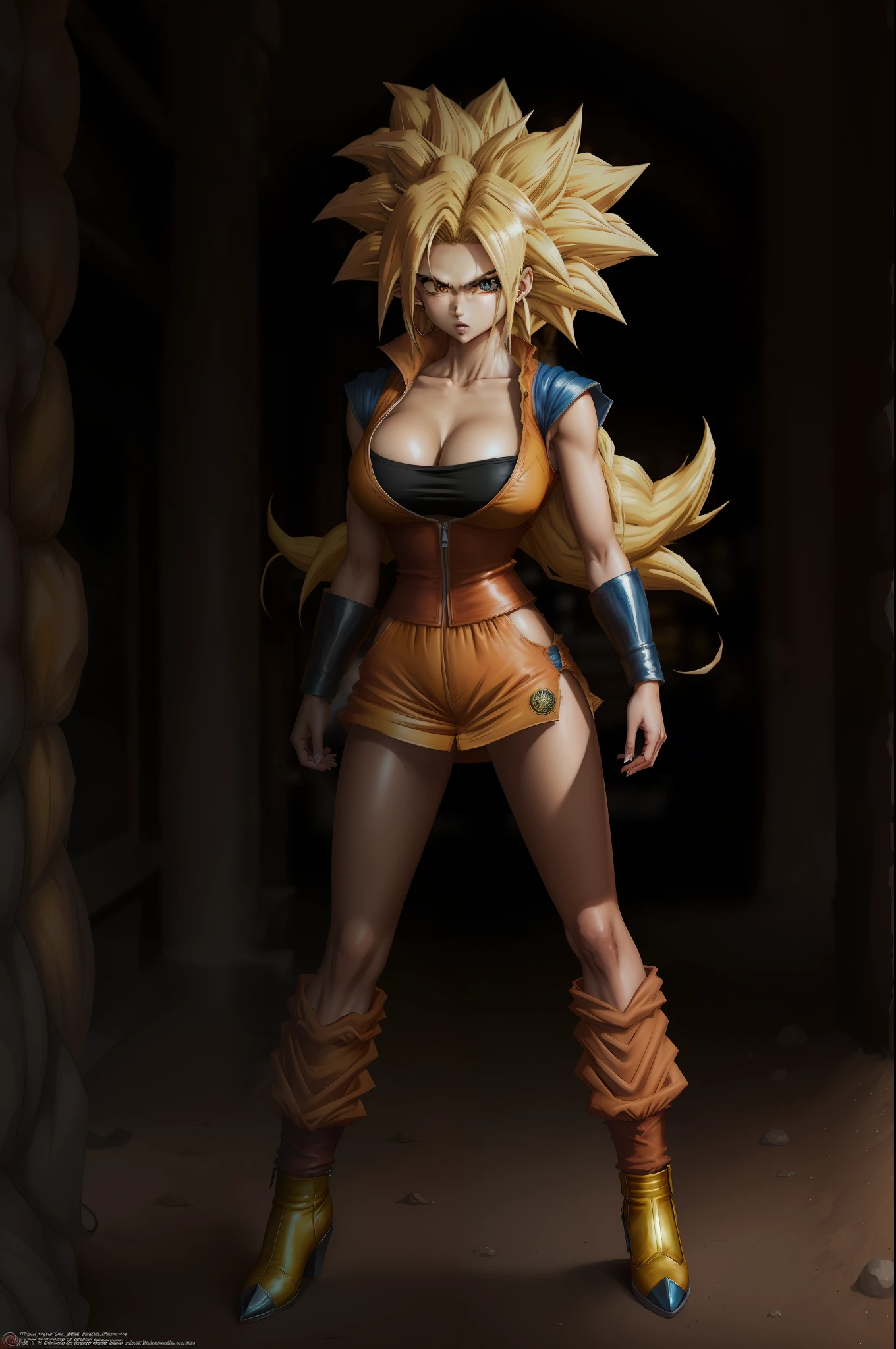 masterpiece, best quality, female goku, femalesuper Saiyan, yellow hair