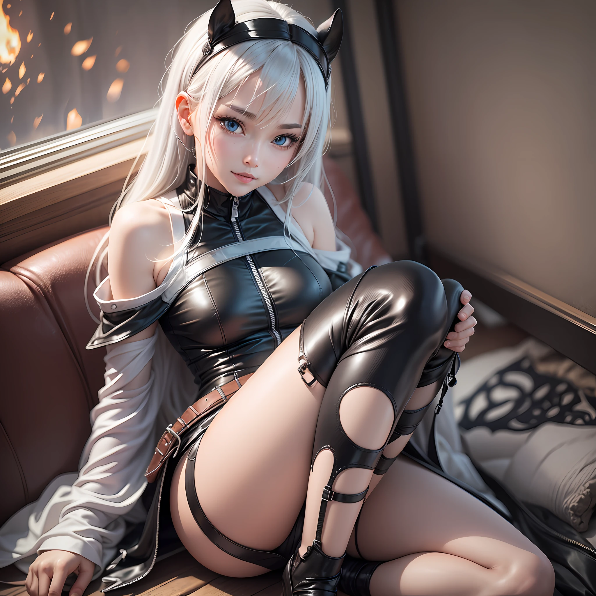 ulzang-6500-v1.1, (RAW photo:1.2), ((Photorealistic:1.4)), an extremely decision and beautiful, Extremely detailed, CG, Unity, 8K wallpaper, Amazing, fineness detail, offcial art, Very detailed CG unified 8k wallpaper, absurderes, Incredibly Ridiculous res, hugefilesize, ultra - detailed, A high resolution, Beautiful detailed girl, very detailed eyes and faces, Beautiful detailed eyes, light in face, 电影灯光, 1girll, full bodyesbian, Full body photo, looking at viewert, ((blissful)), The best detailed background, ((cosplay)), (ssmile), dual horsetail, Leather clothes, leather pant, ayanami rei, Leather sofa, illustration, Best quality, Masterpiece ,anatomy correct ,Shin Hipo ,Leah Sakurai ,Thin,morbid --auto